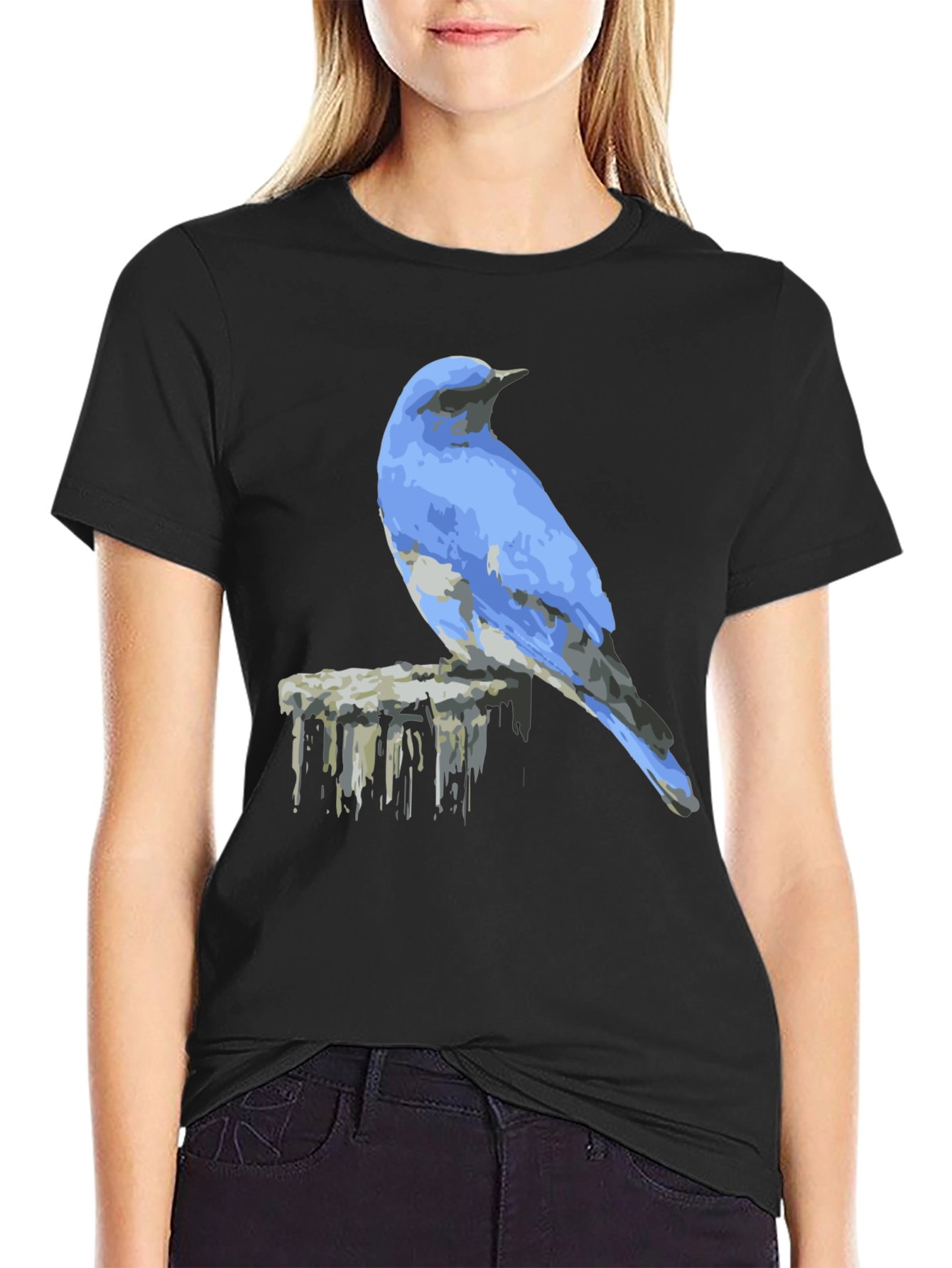 Black Blue Bird on Post Graphic Tee - Black view 2