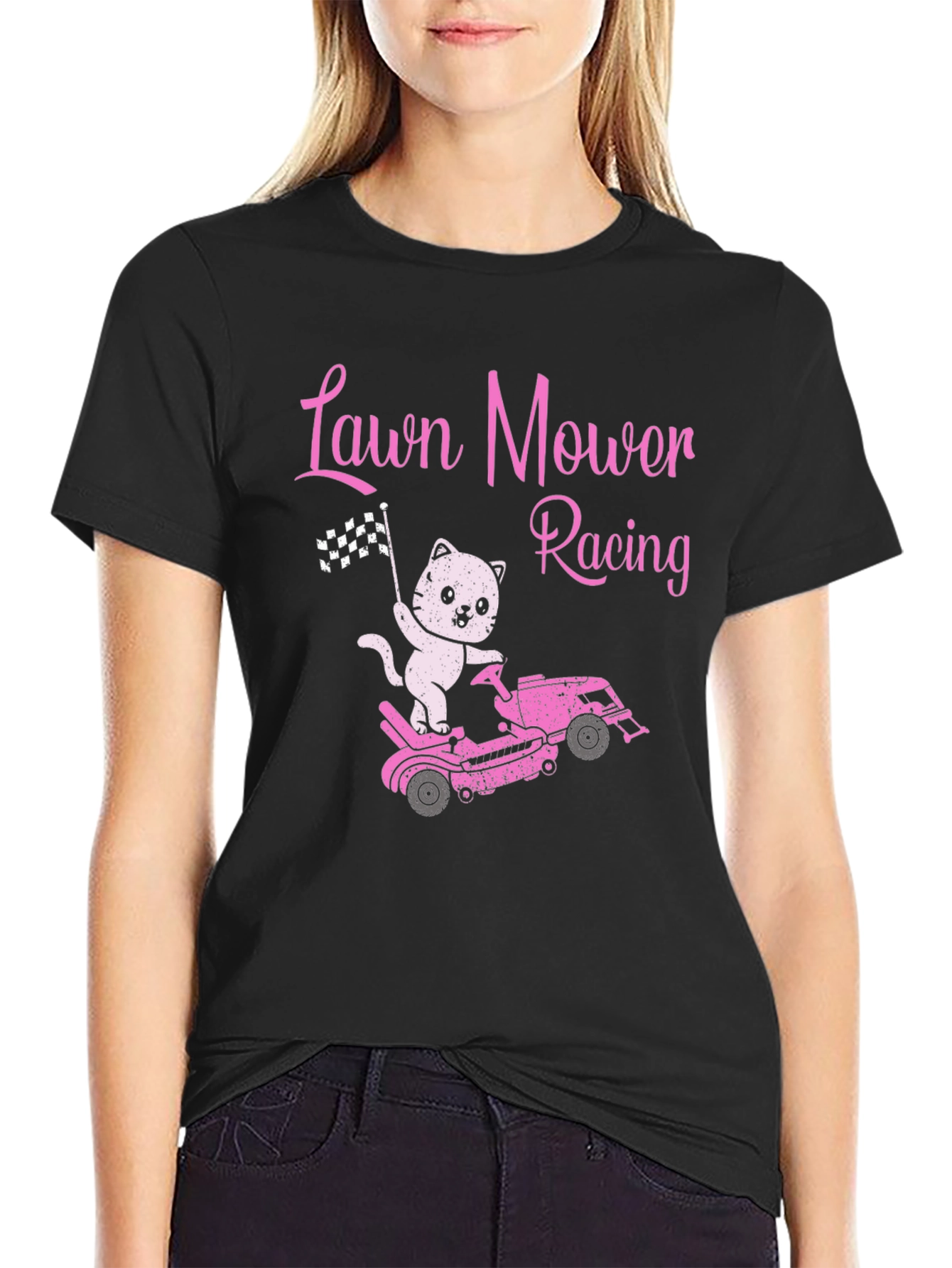Black Lawn Mower Racing Cat T-Shirt - Fun Graphic Tee view 2