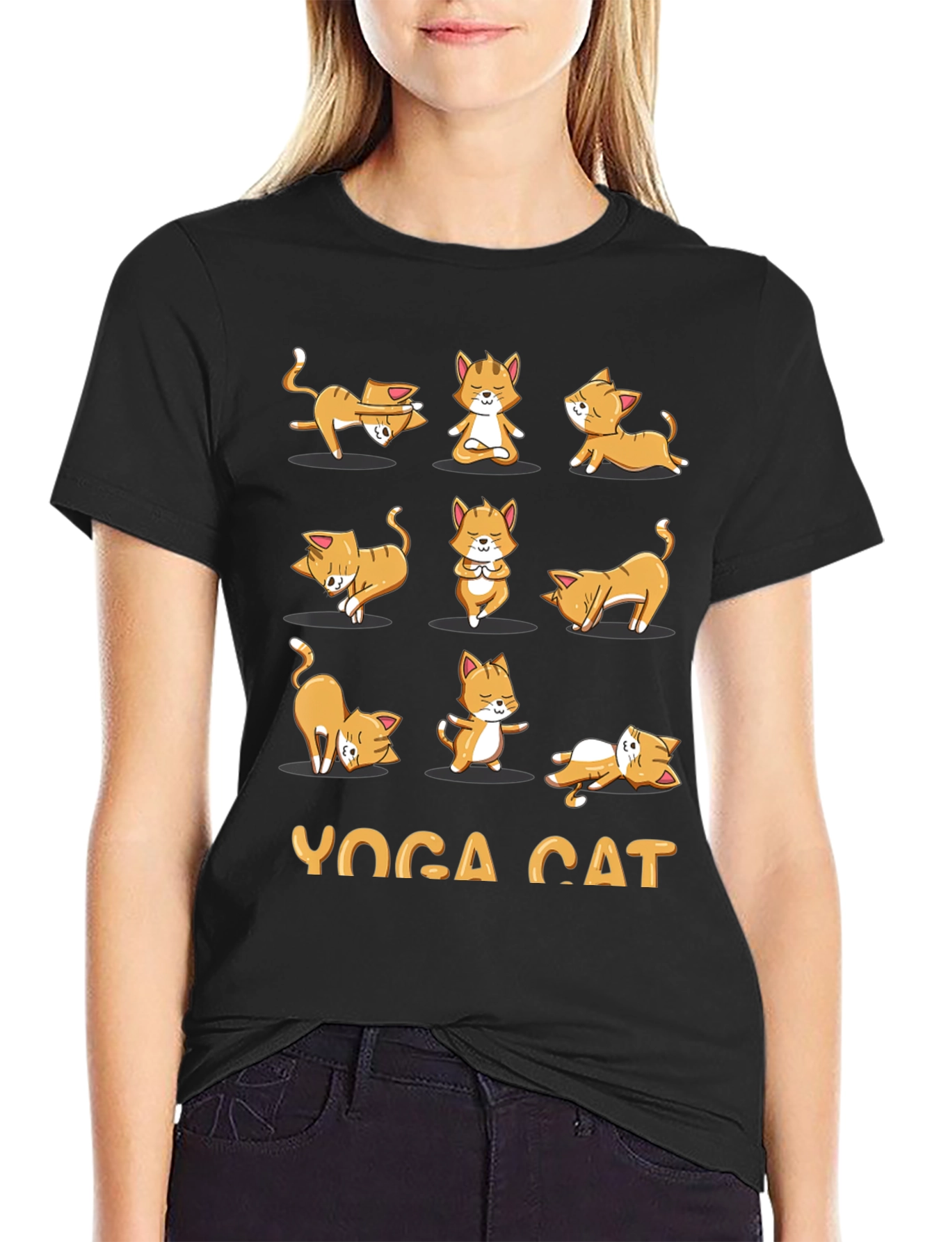 Black Yoga Cat Graphic T-Shirt - Black Cotton Tee view 2