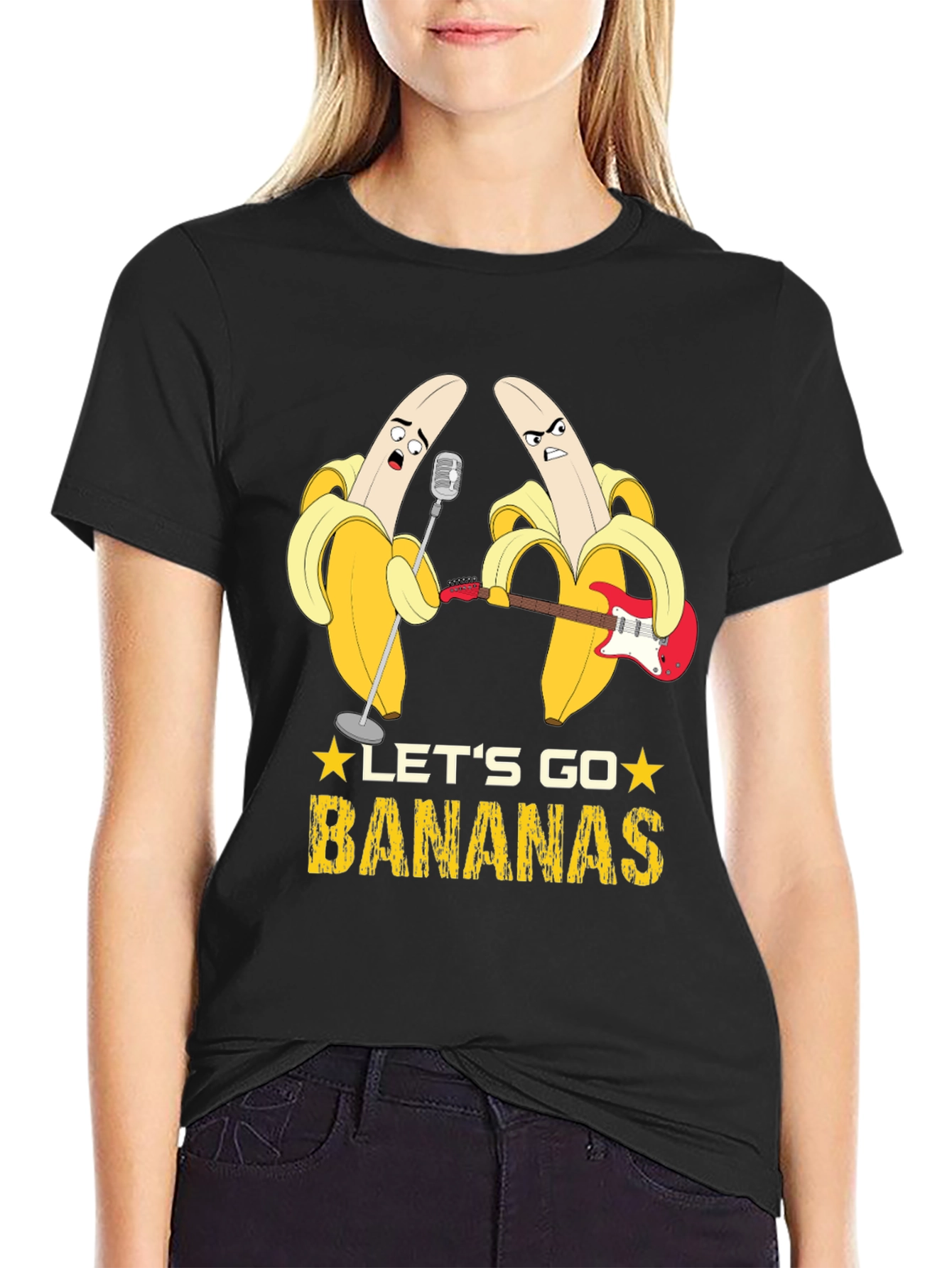 Black Let's Go Bananas Funny Music T-Shirt view 2