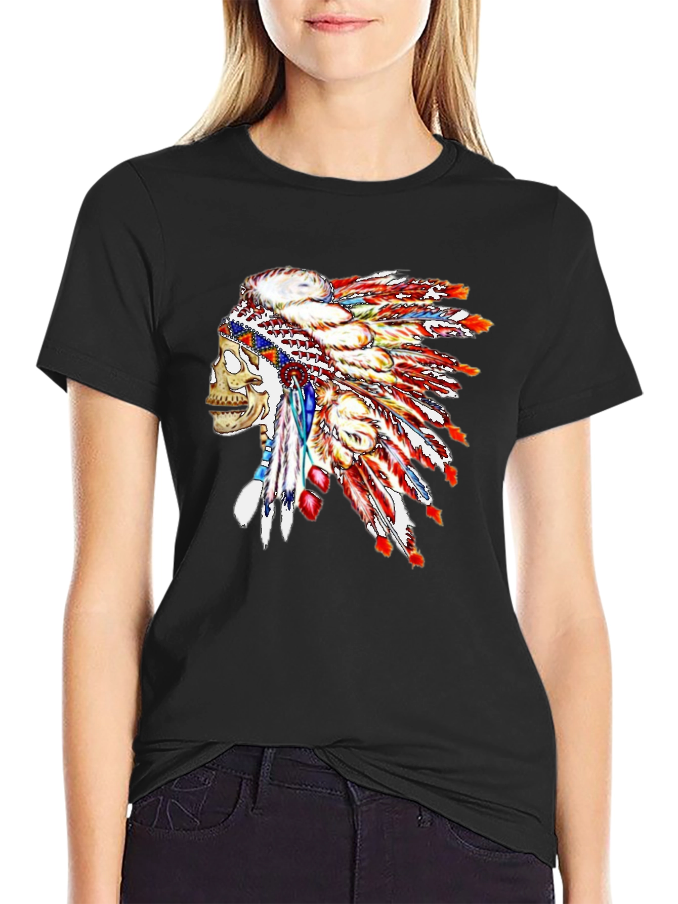 Black Skull Chief Headdress Graphic Tee - Black Cotton Blend view 2