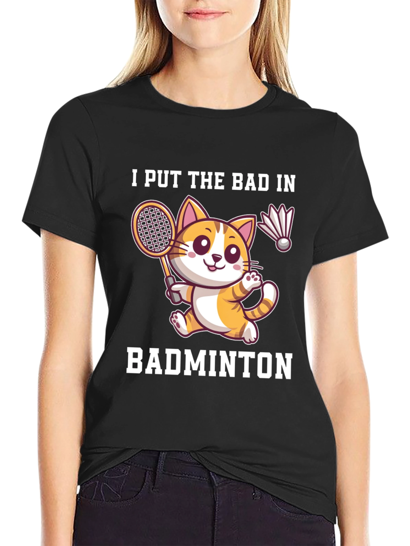 Black Badminton Cat Graphic Tee - Funny Sport Shirt view 2