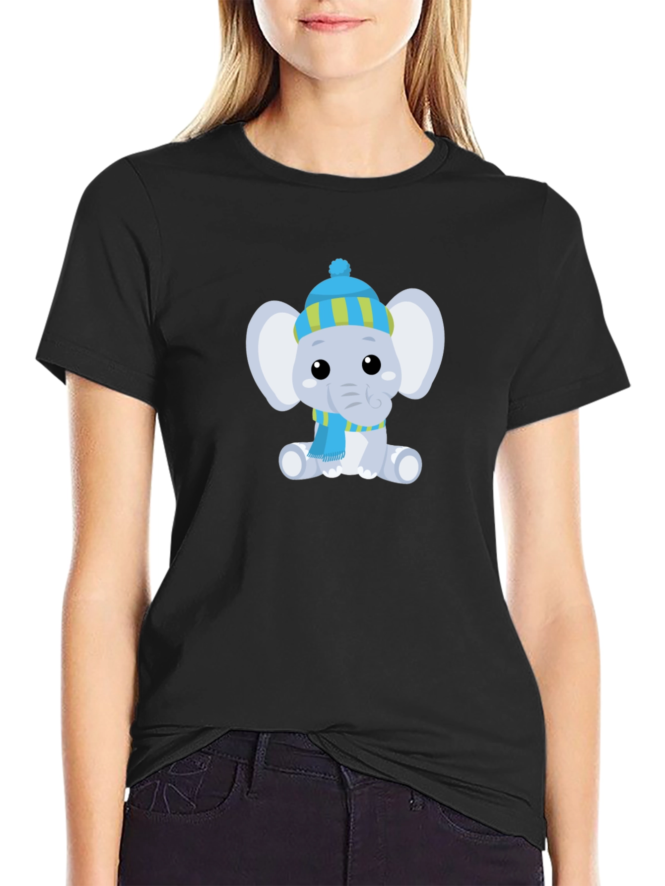 Black Cute Elephant with Hat Graphic Tee view 2