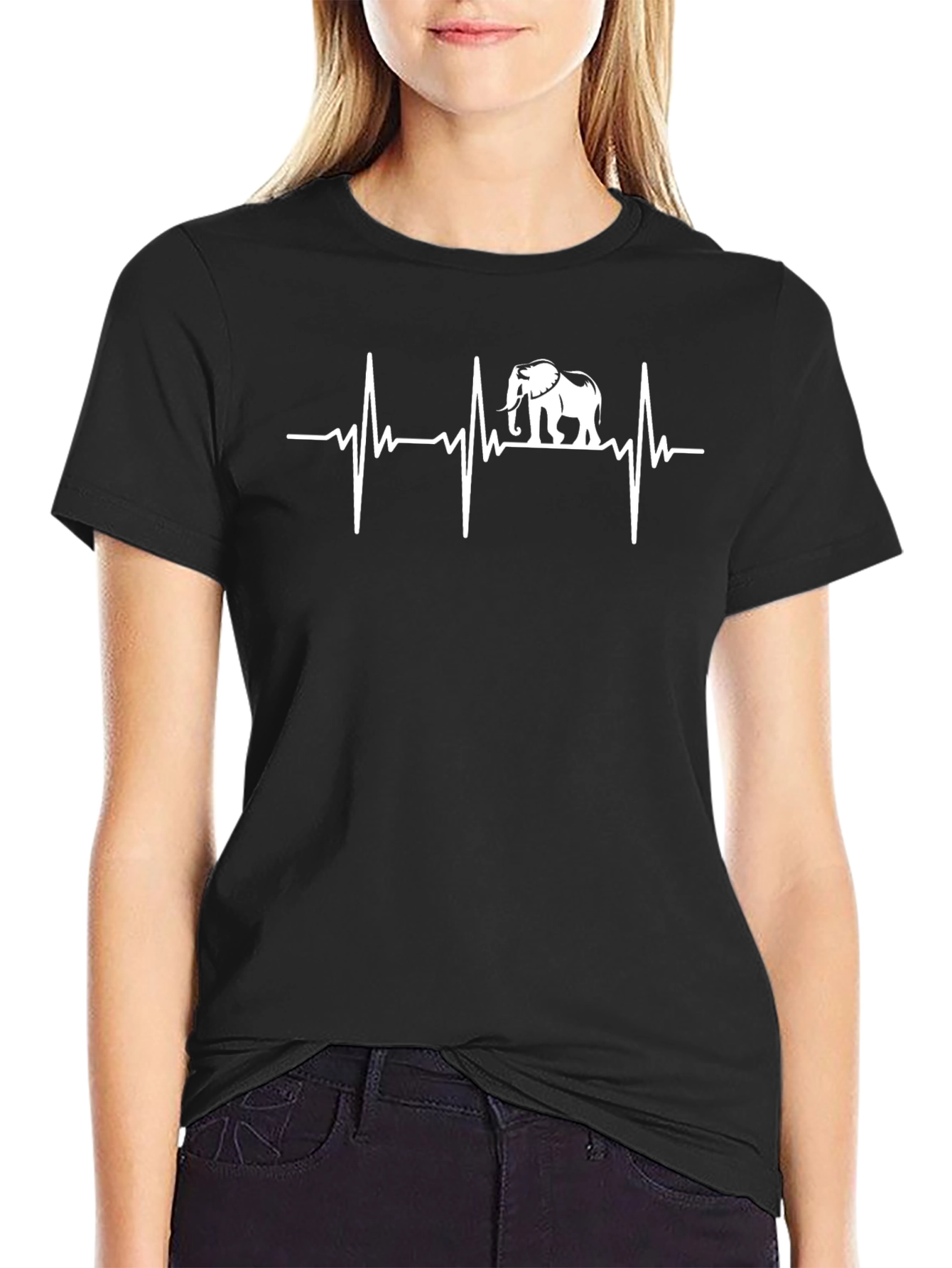 Black Elephant Heartbeat Graphic Tee - Black Cotton T-Shirt view 2