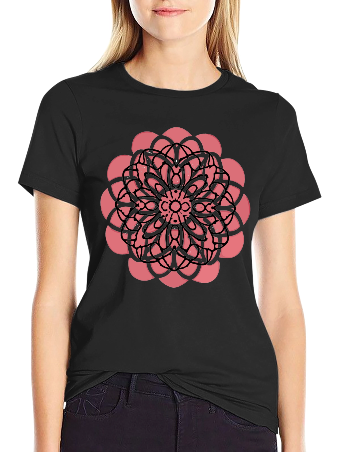 Black Black Tee with Floral Mandala Graphic view 2