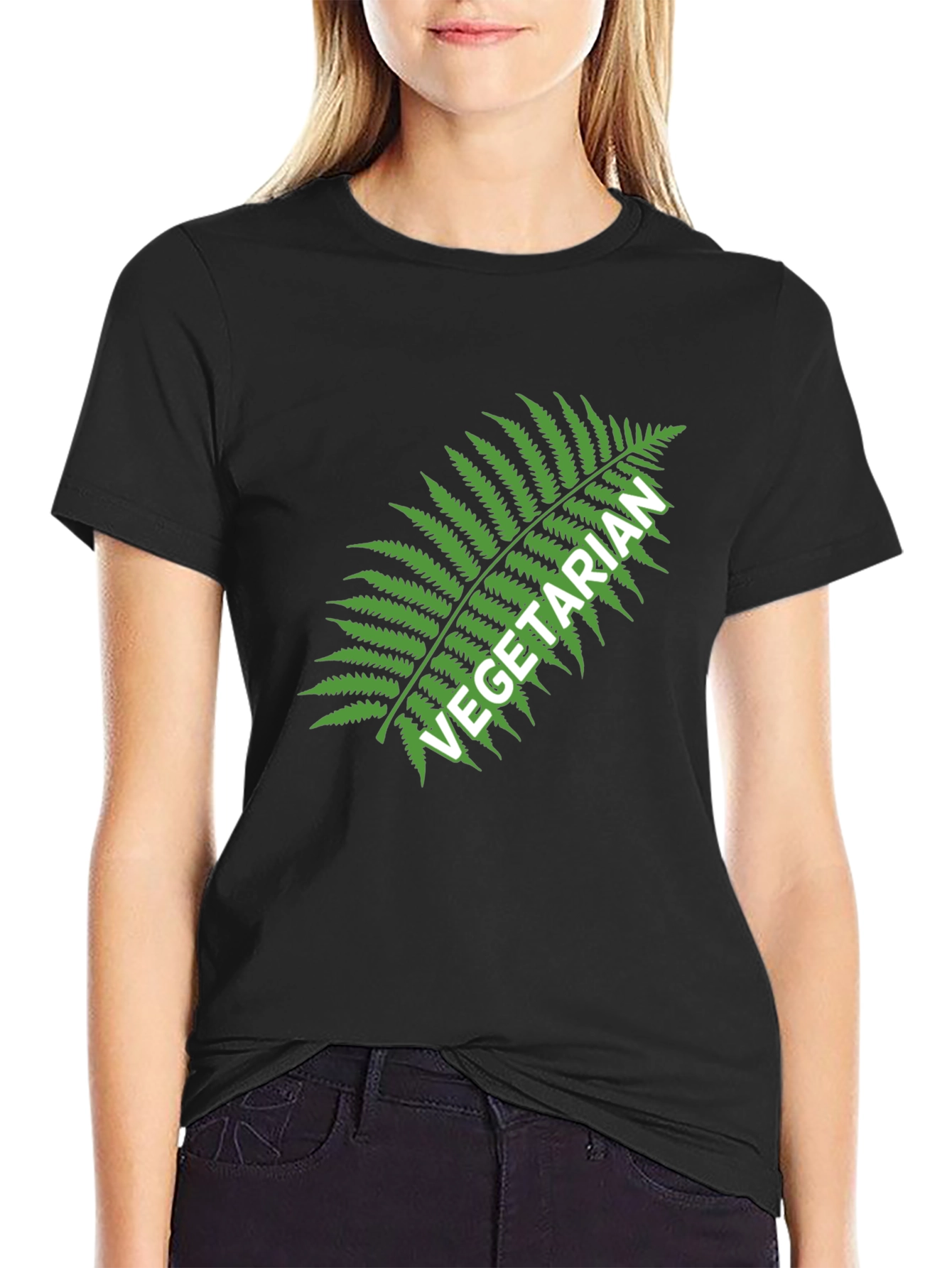 Black Vegetarian Fern Graphic Tee - Black Cotton T-Shirt view 2