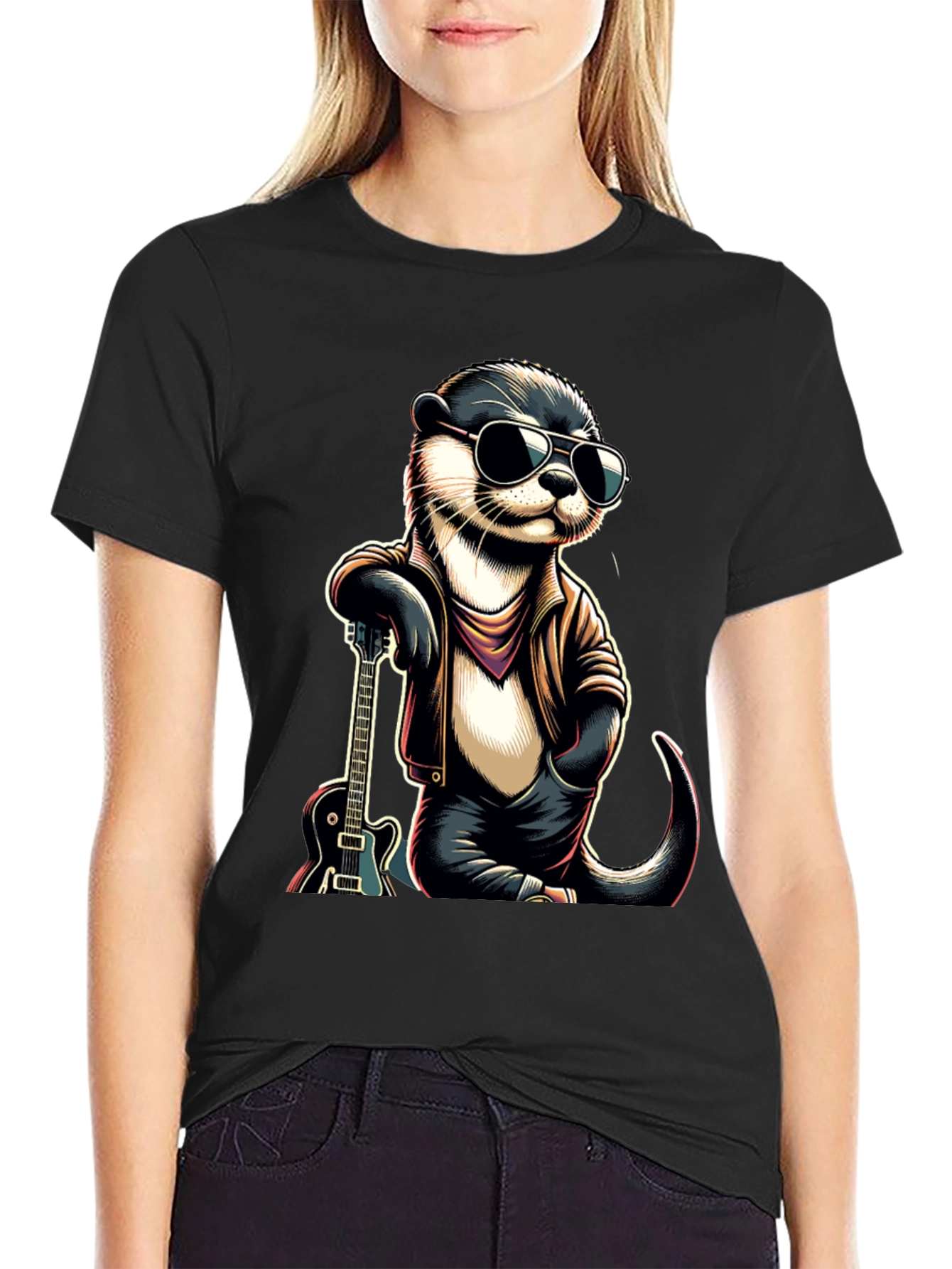 Black Cool Otter Guitarist Graphic Tee view 2