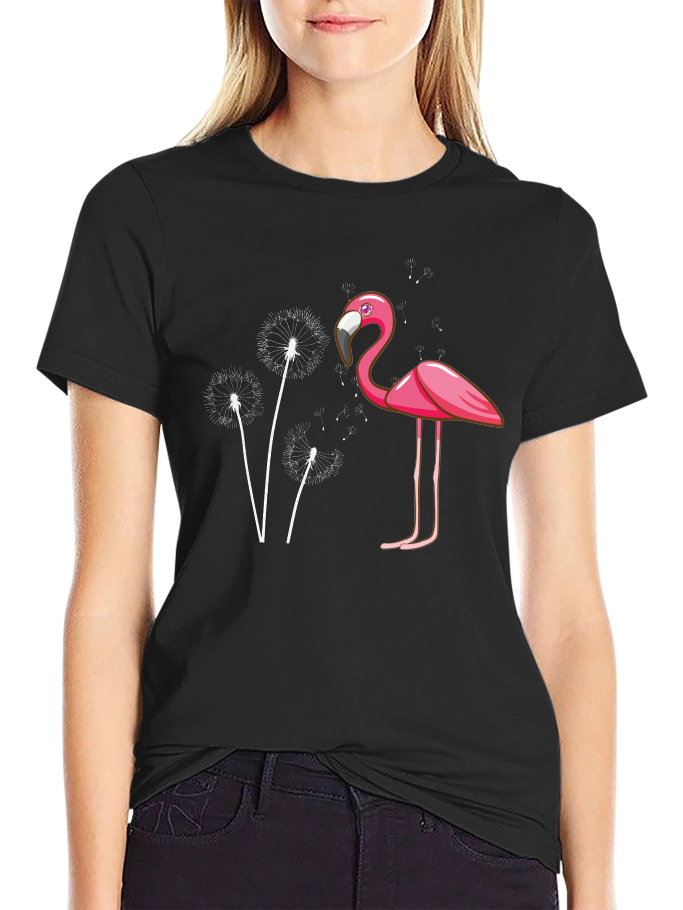 Black Flamingo Dandelion Graphic Tee - Trendy Black T-Shirt view 2