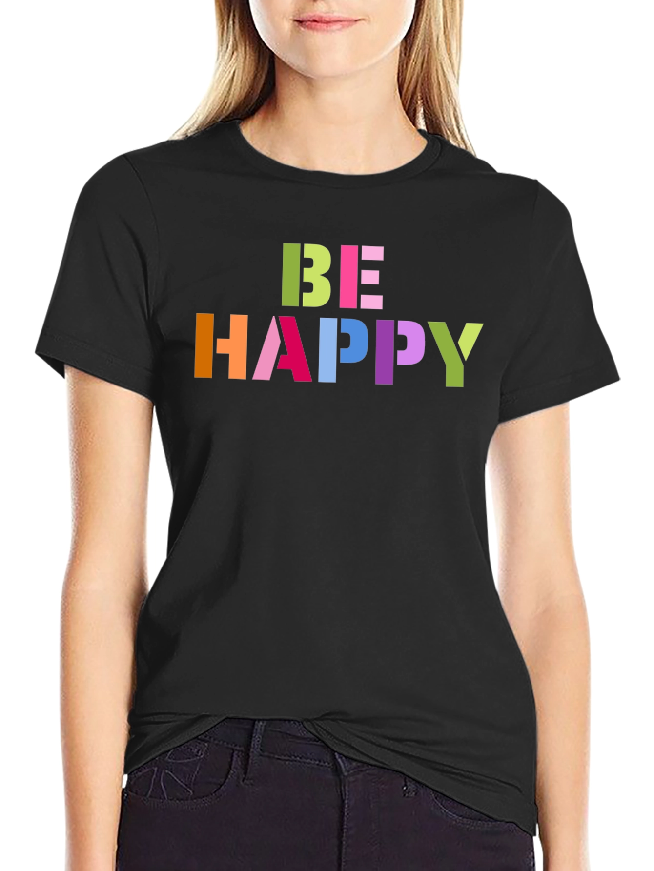 Black Be Happy Graphic Tee - Colorful Lettering, Black T-Shirt view 2