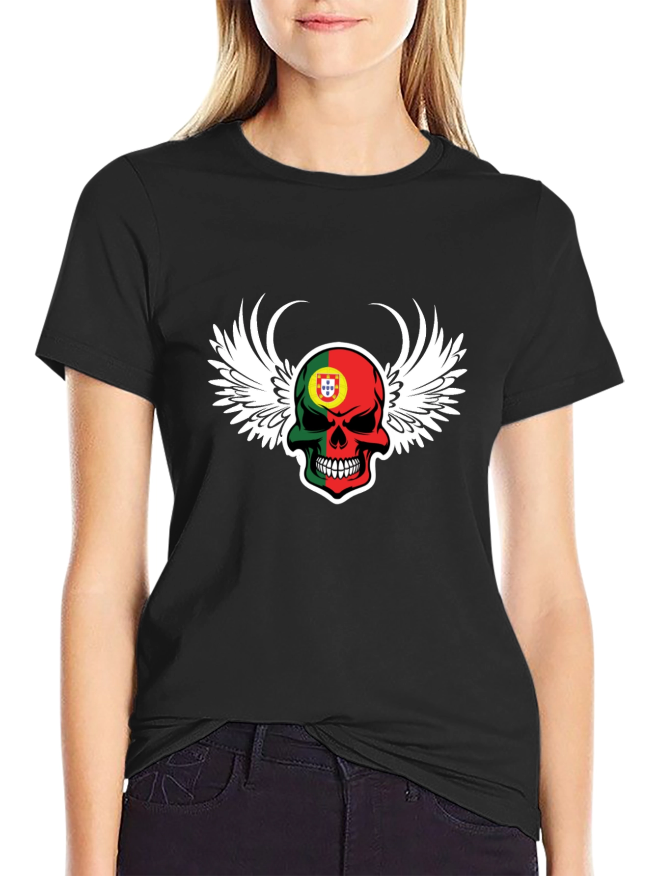 Black Portugal Flag Skull Wings T-Shirt - Men's Black Tee view 2