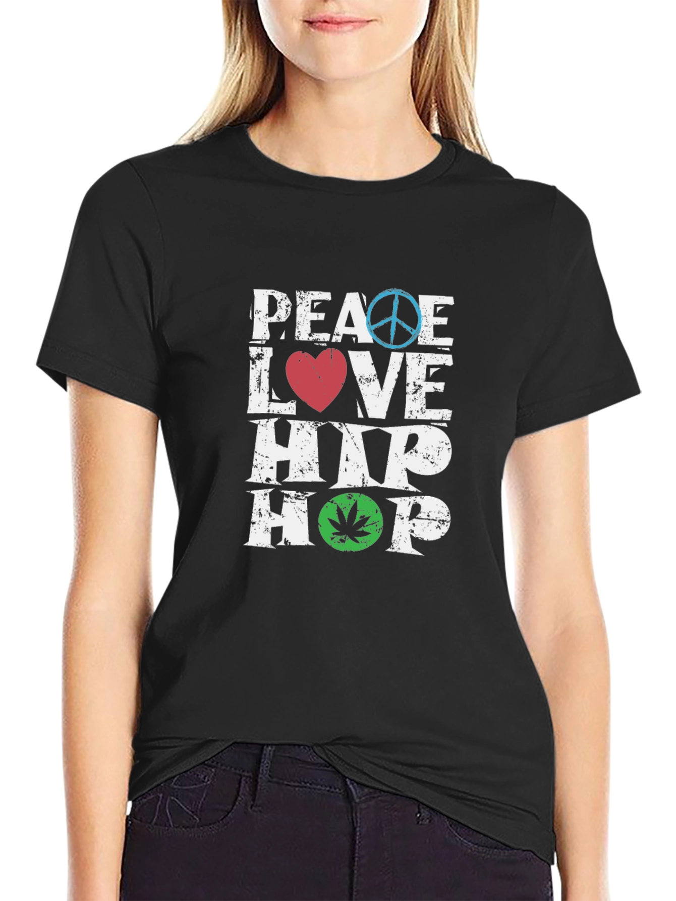 Black Peace Love Hip Hop T-Shirt - Graphic Print Crew Neck Tee view 2
