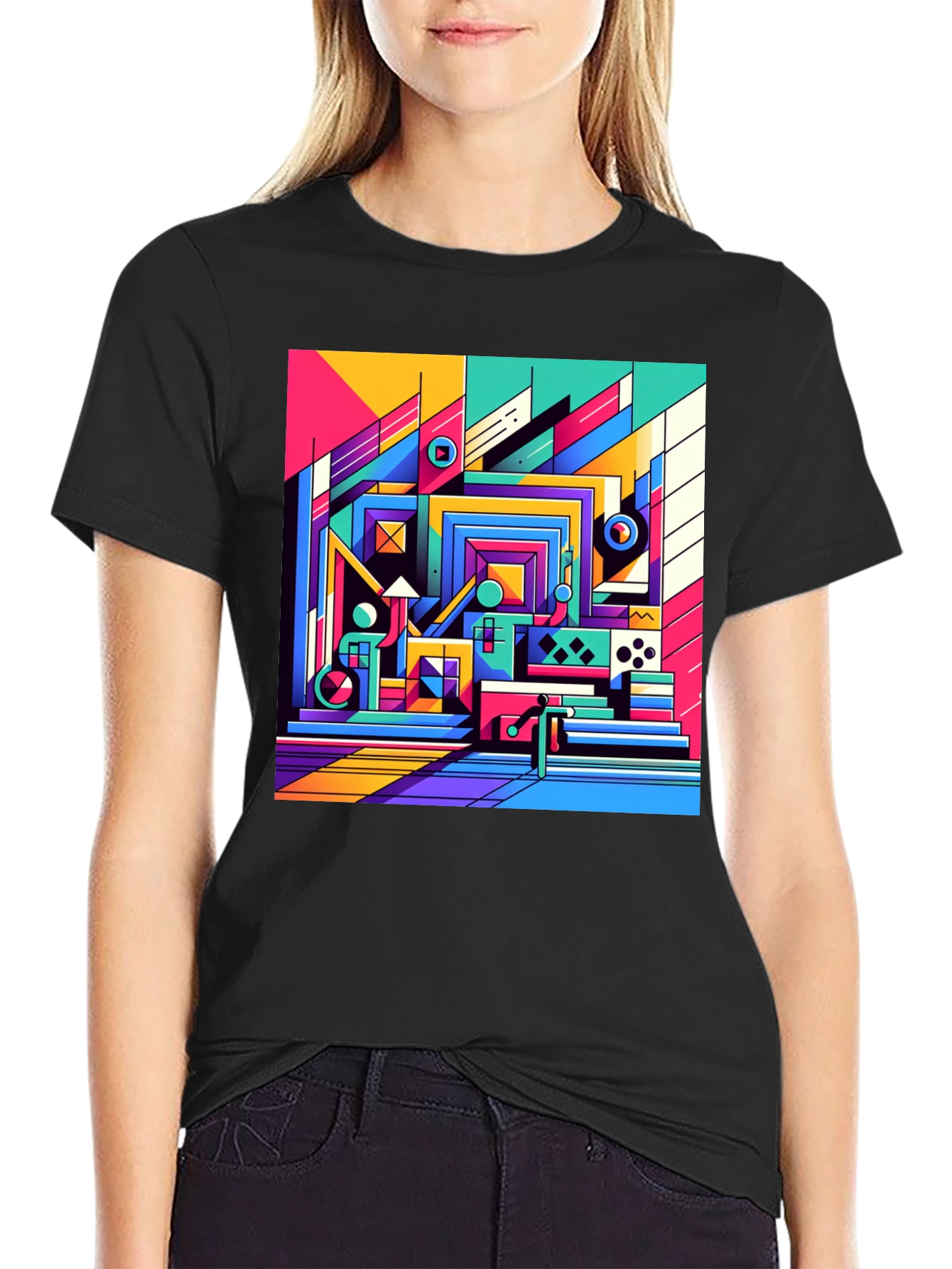 Black Retro Geometric Art T-Shirt - Bold Colorful Design view 2