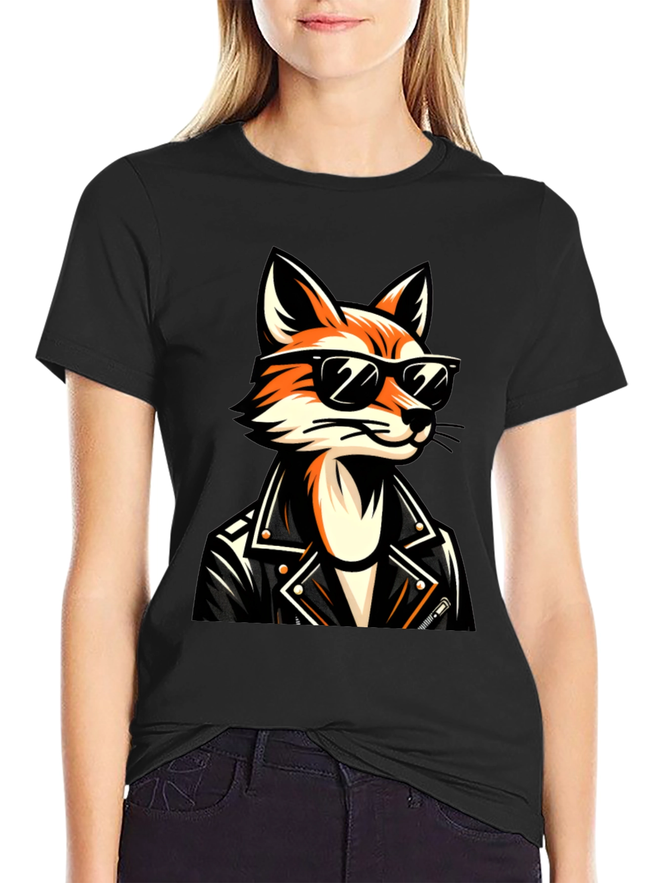 Black Cool Fox Graphic Tee - Black Cotton T-Shirt view 2