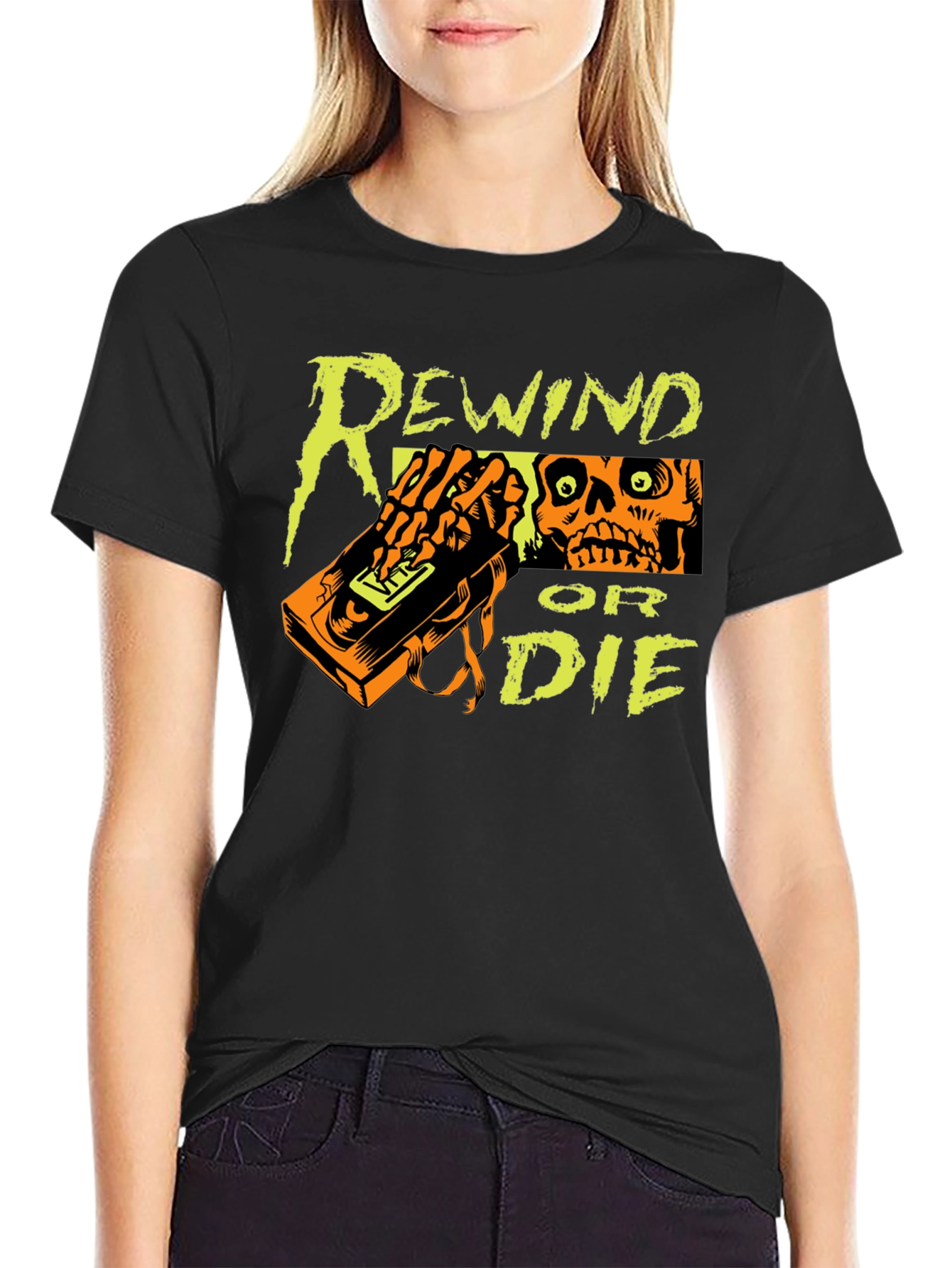 Black Rewind or Die Graphic Tee - VHS Tape Skull T-Shirt view 2