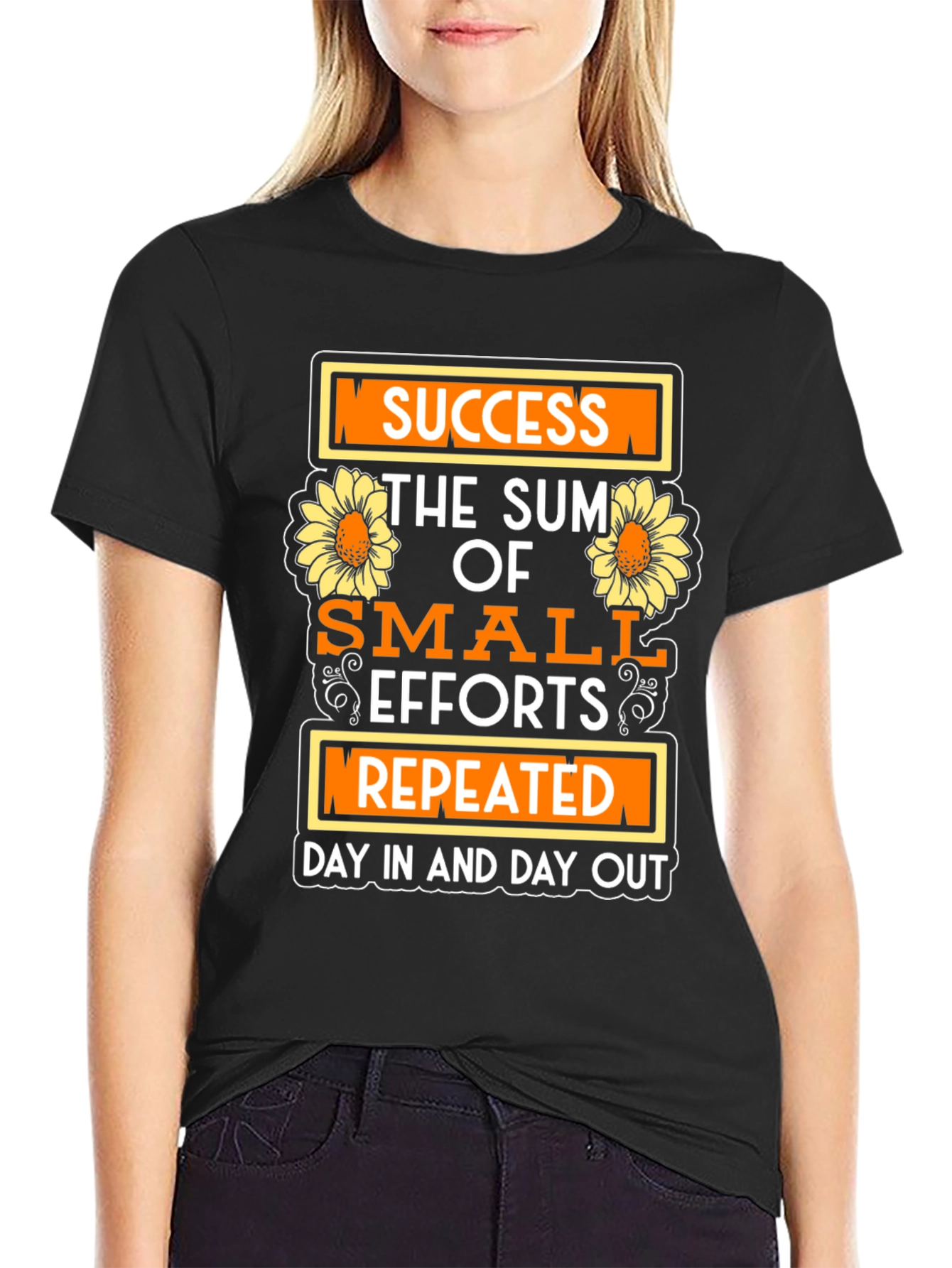 Black Success Motivational T-Shirt with Sunflower Design view 2