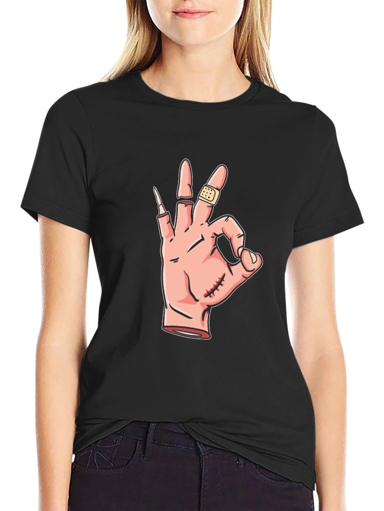 Black Humorous "Okay" Hand Gesture Graphic Tee view 2