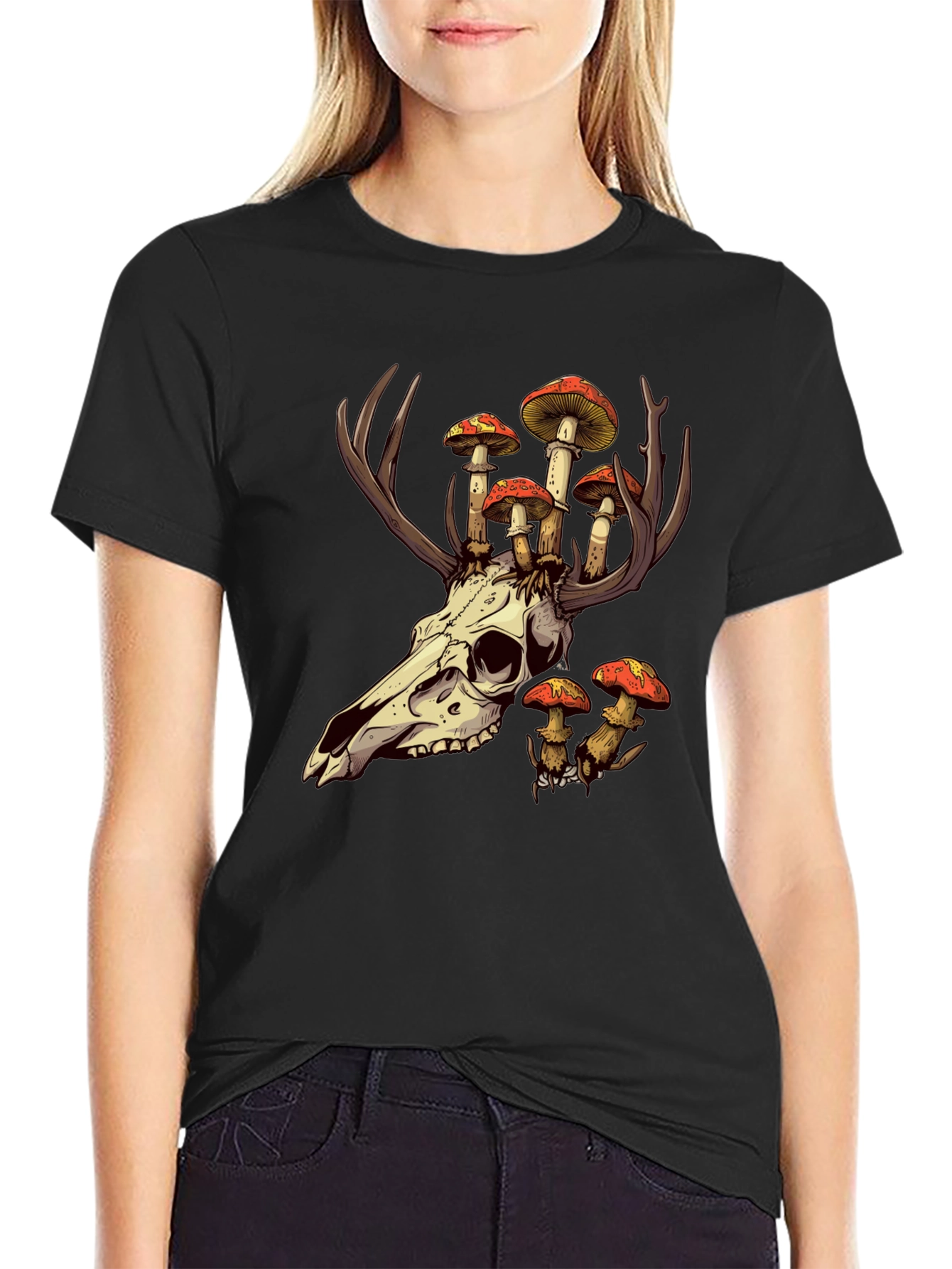Black Skull and Mushroom T-Shirt - Unique Graphic Tee view 2