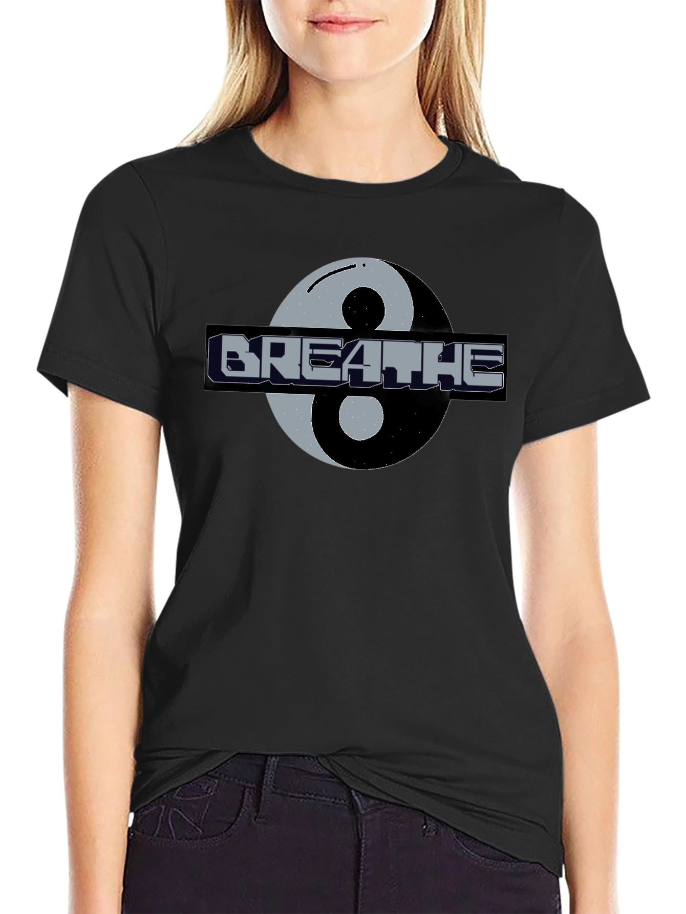 Black Breathe Yin Yang Graphic T-Shirt - Black Casual Tee view 2