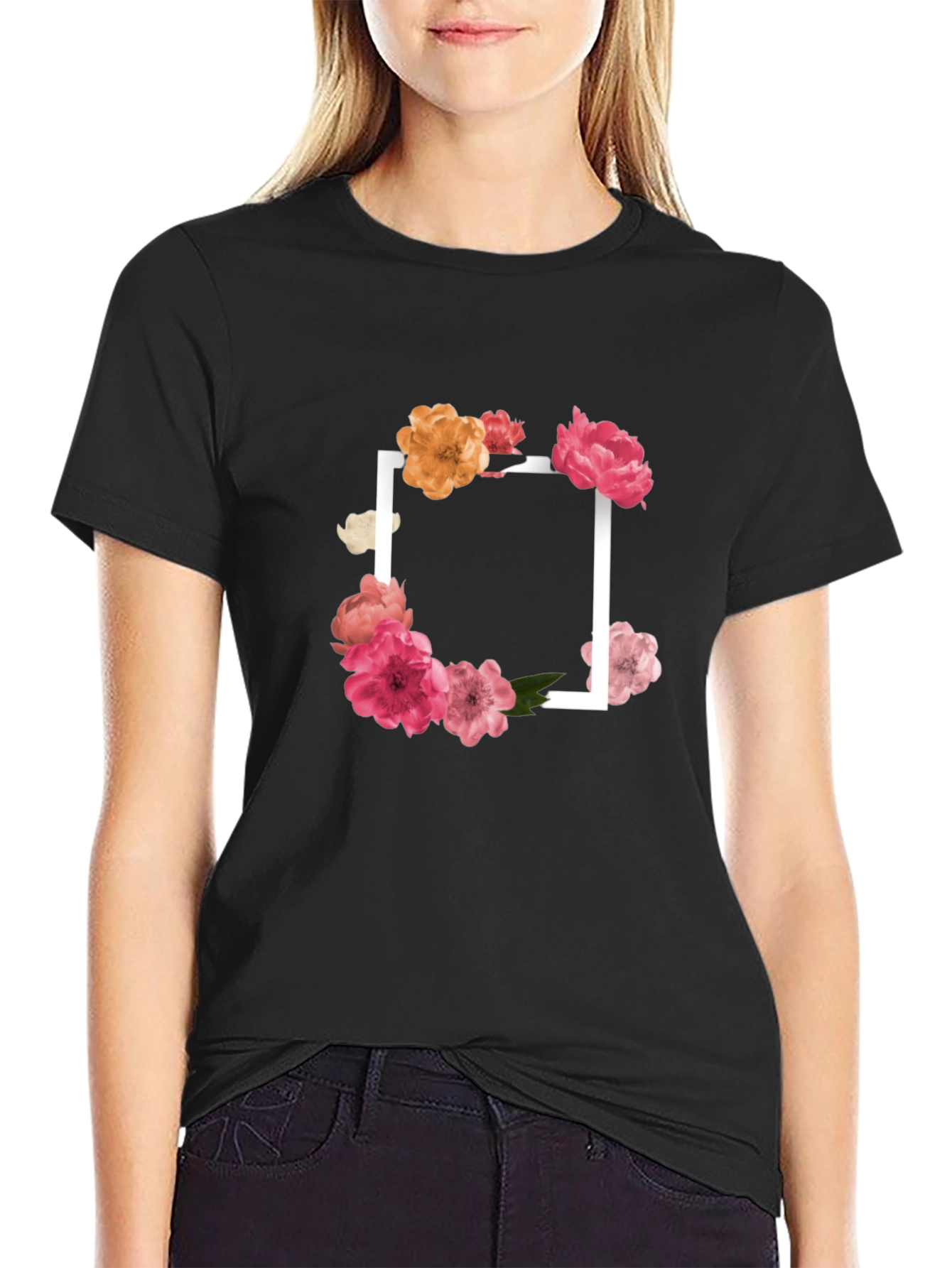 Black Floral Frame Black T-Shirt view 2