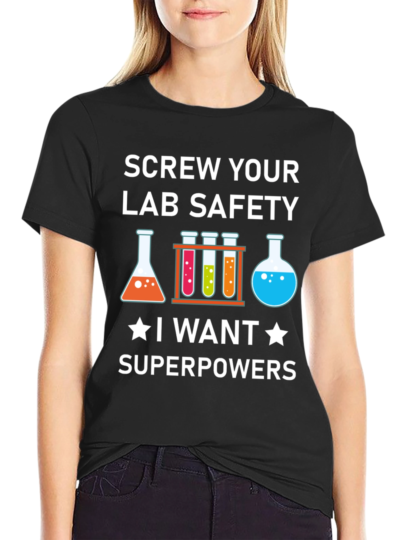 Black Screw Your Lab Safety T-Shirt: Superpowers Graphic Tee view 2
