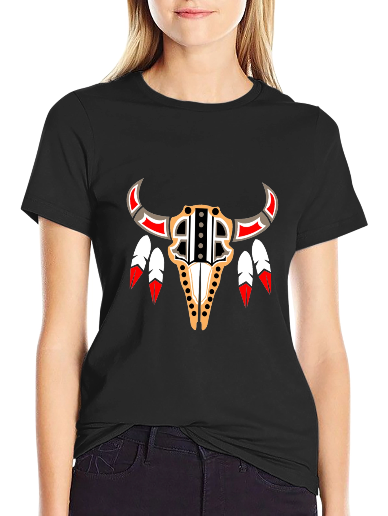 Black Native American Bull Skull Graphic Tee view 2