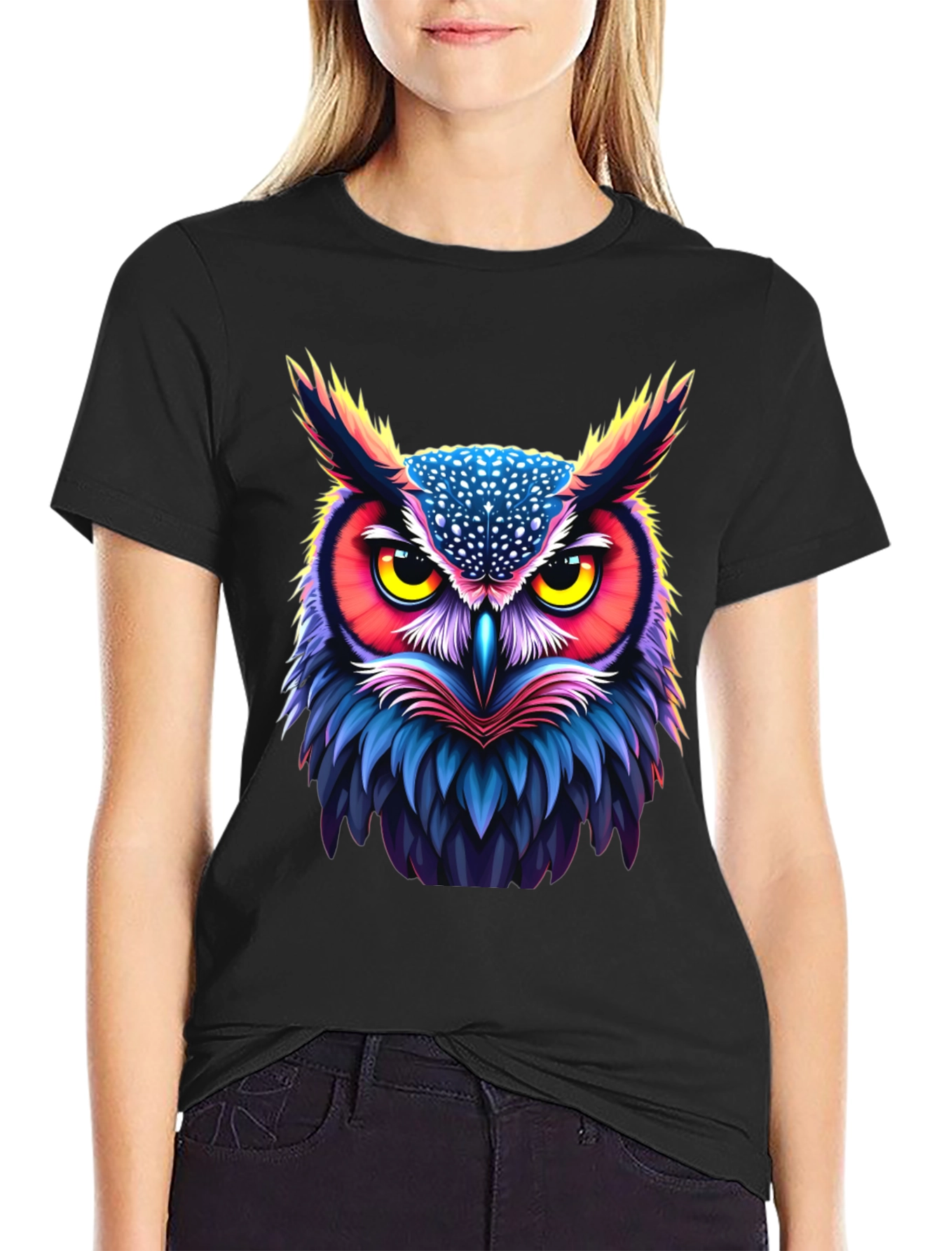 Black Vibrant Owl Graphic Tee - Unisex Black T-Shirt view 2