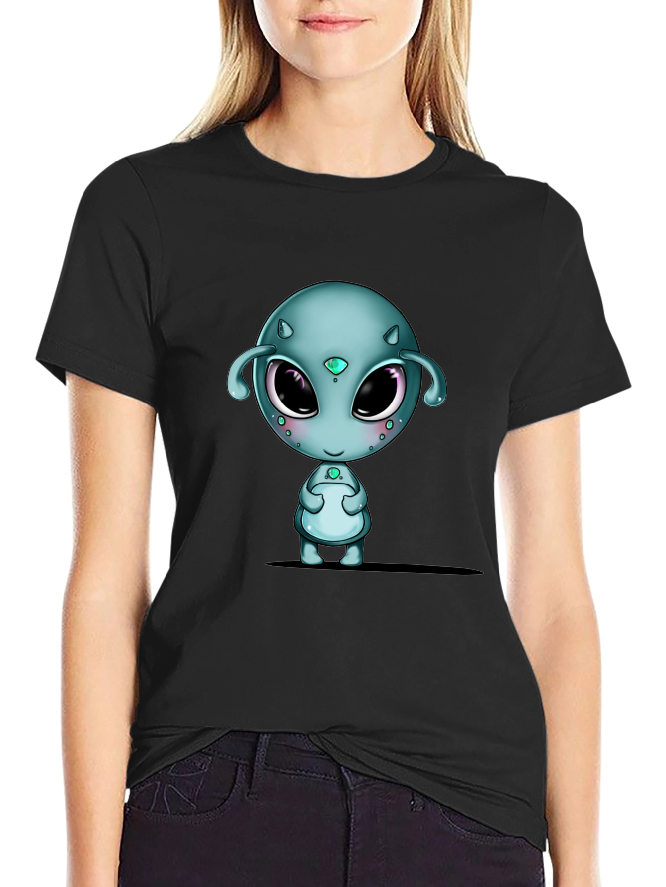 Black Cute Alien Graphic Black T-Shirt view 2