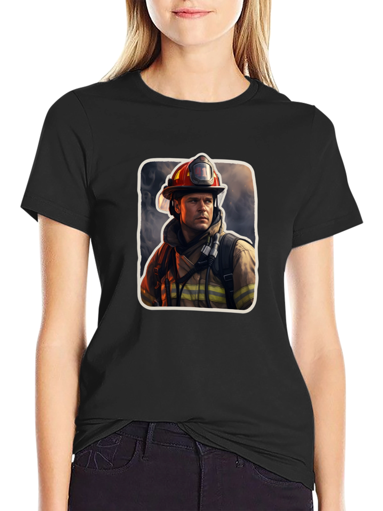 Black Firefighter Graphic Tee - Premium Black Cotton T-Shirt view 2