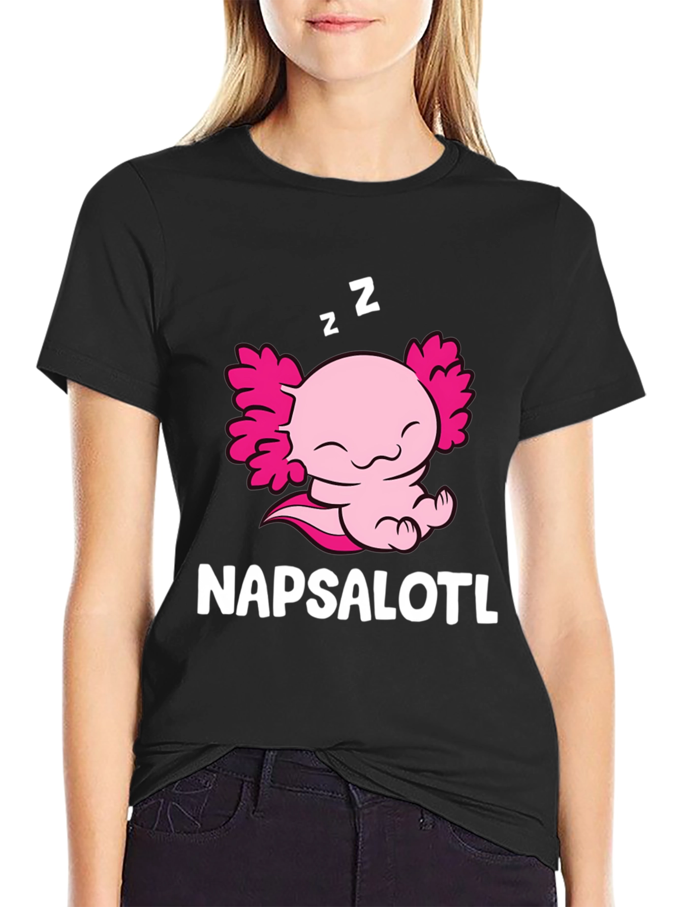 Black Napsalotl Axolotl Cute Sleeping T-Shirt view 2