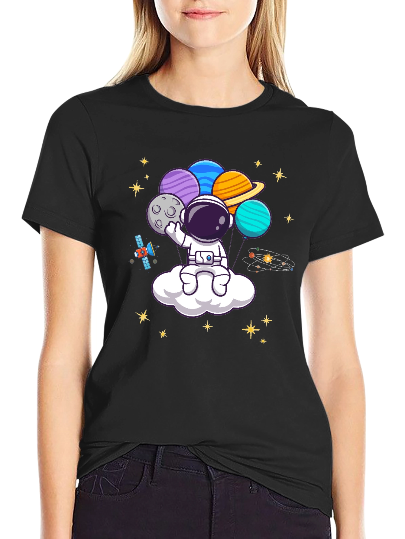 Black Astronaut Planet Balloons Graphic Tee - Black view 2