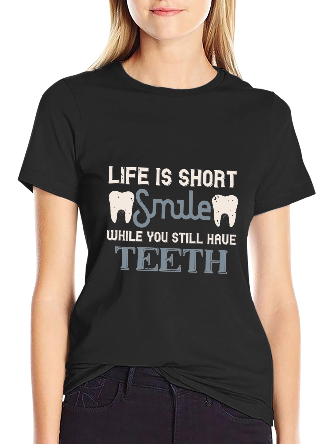Black Life is Short Smile Teeth Graphic Tee - Black view 2