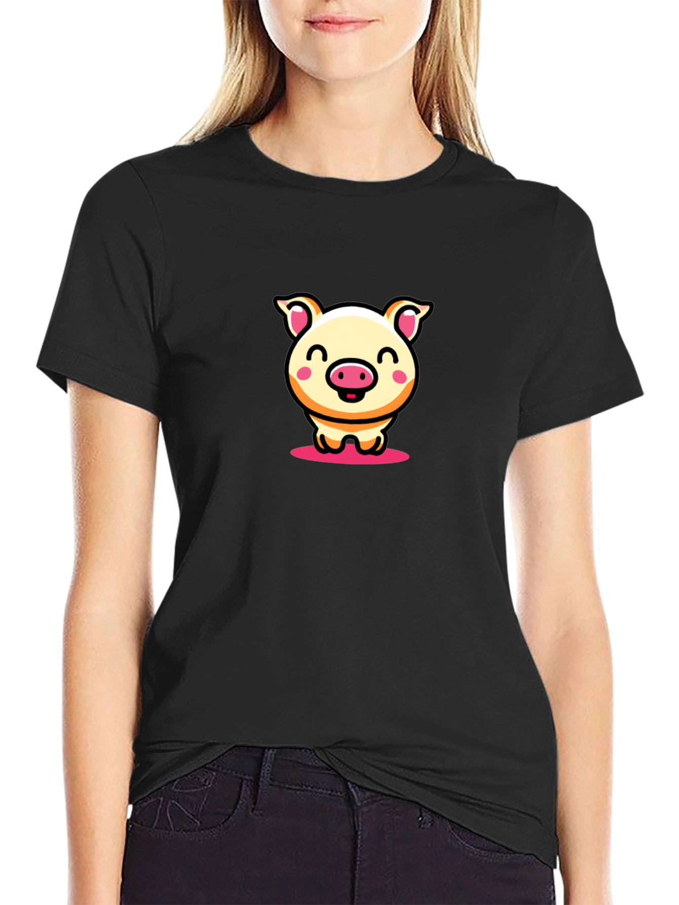 Black Cute Pig Cartoon Black T-Shirt view 2
