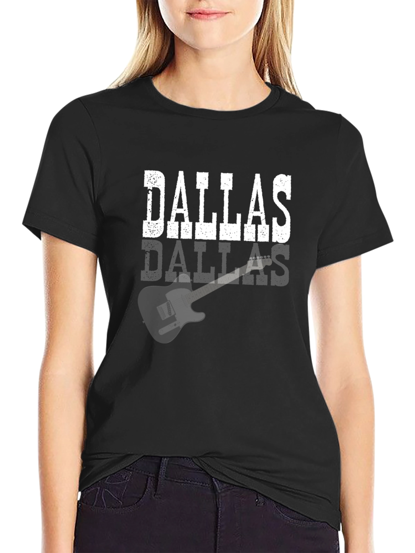 Black Dallas Guitar Graphic Tee - Black Cotton T-Shirt view 2