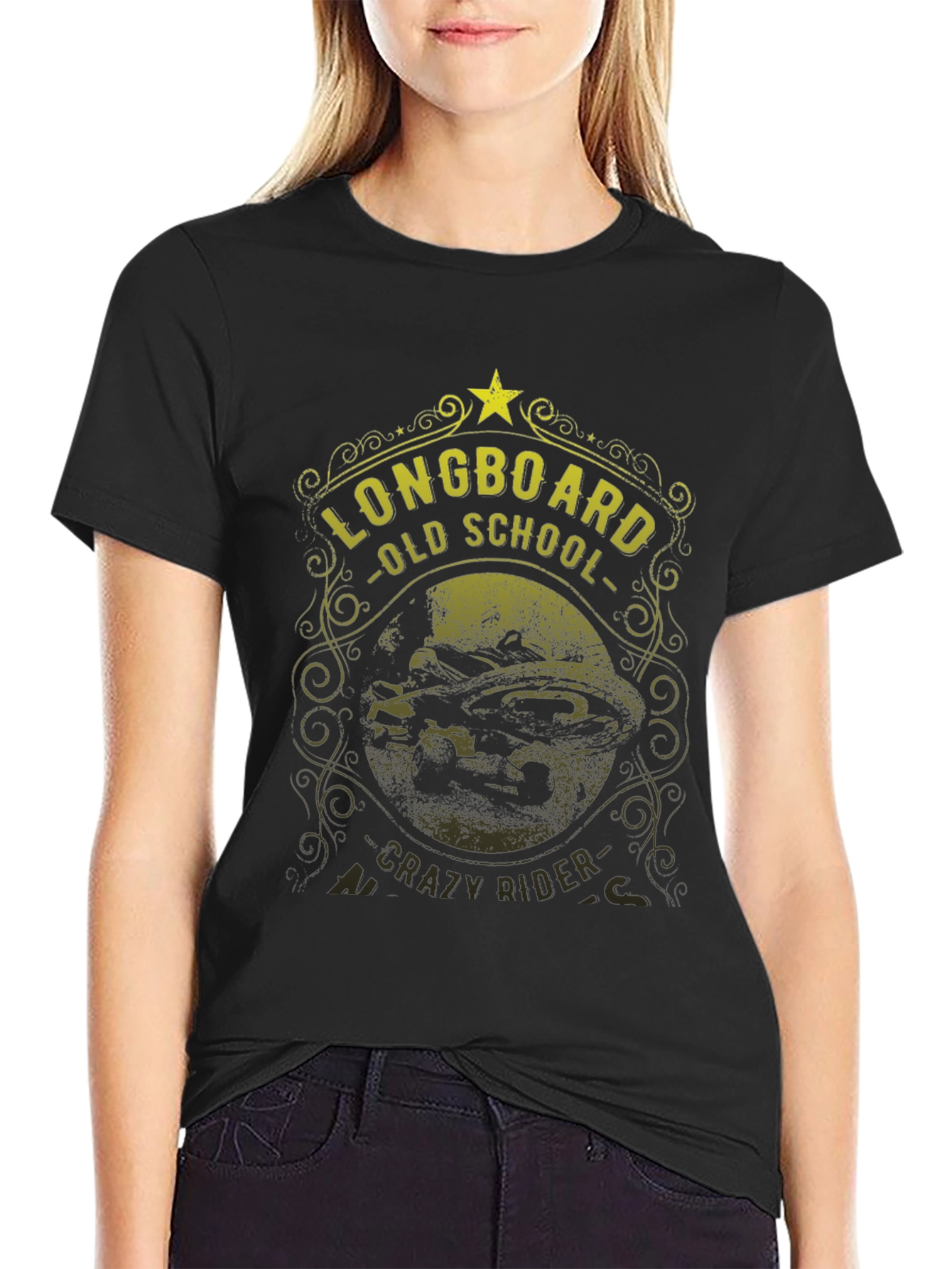 Black Longboard Old School Crazy Rider Graphic Tee view 2