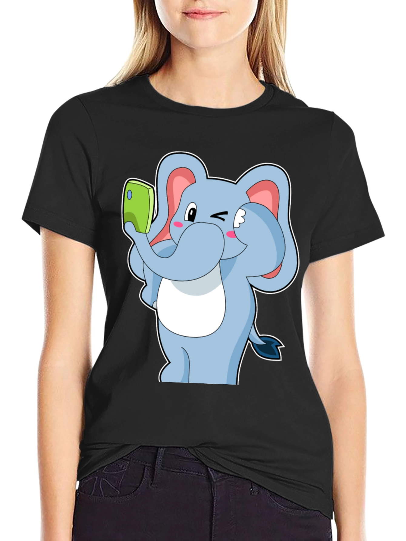 Black Elephant Selfie T-Shirt - Fun Cartoon Tee view 2