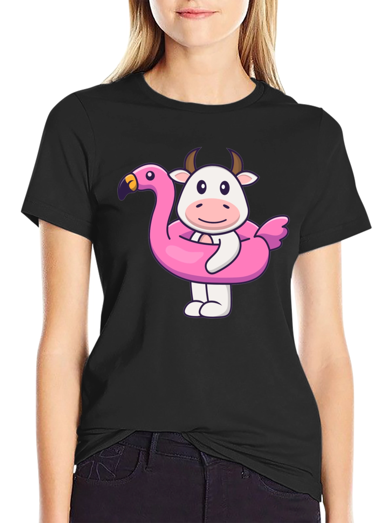 Black Funny Cow Flamingo Pool Float Black T-Shirt view 2