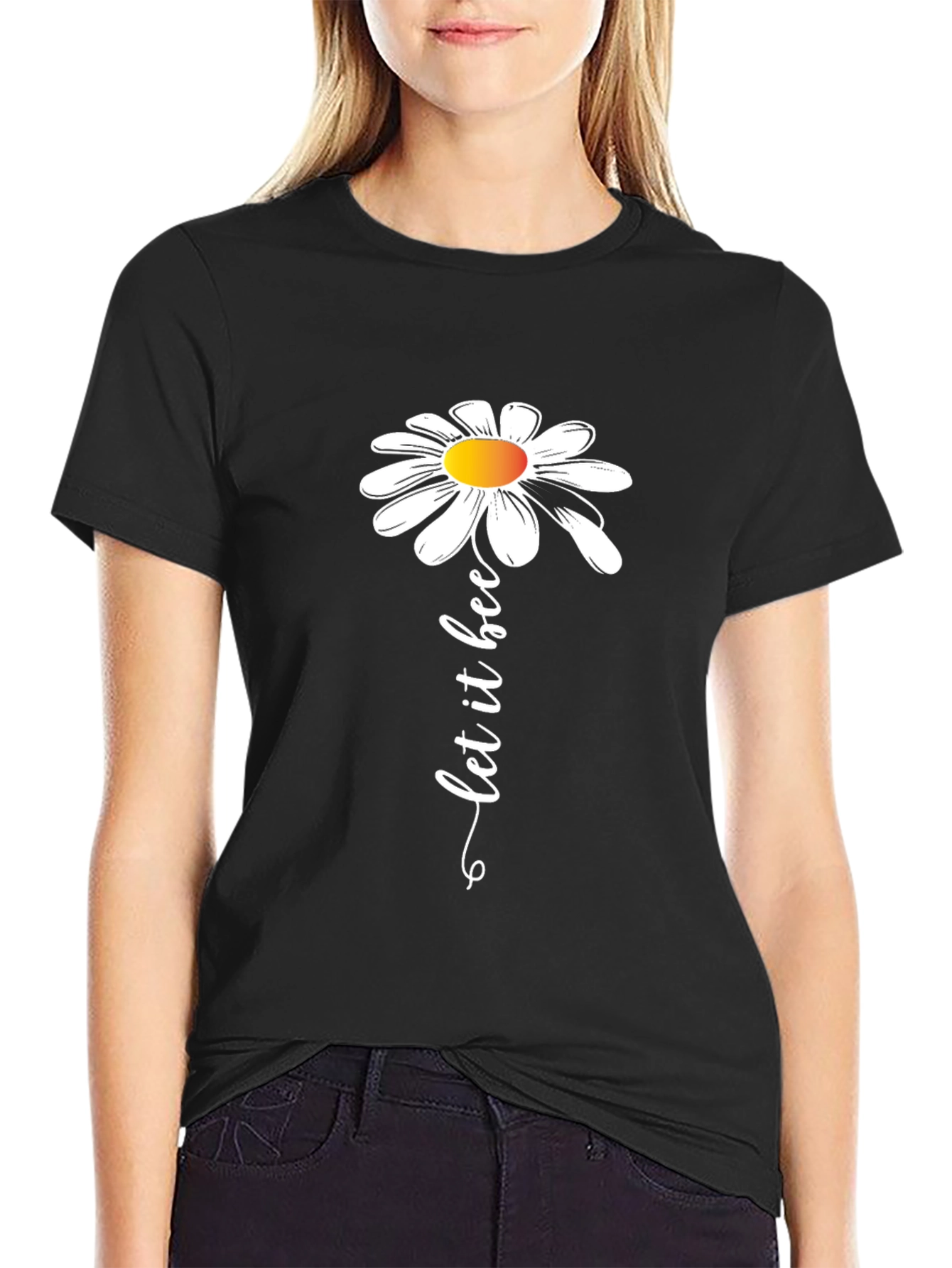 Black Let it Bee Daisy Graphic Tee - Black Cotton Casual Shirt view 2