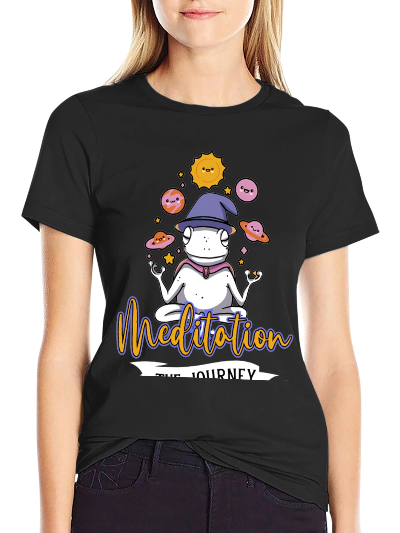Black Meditation Journey Black T-Shirt, Yoga Frog Design view 2