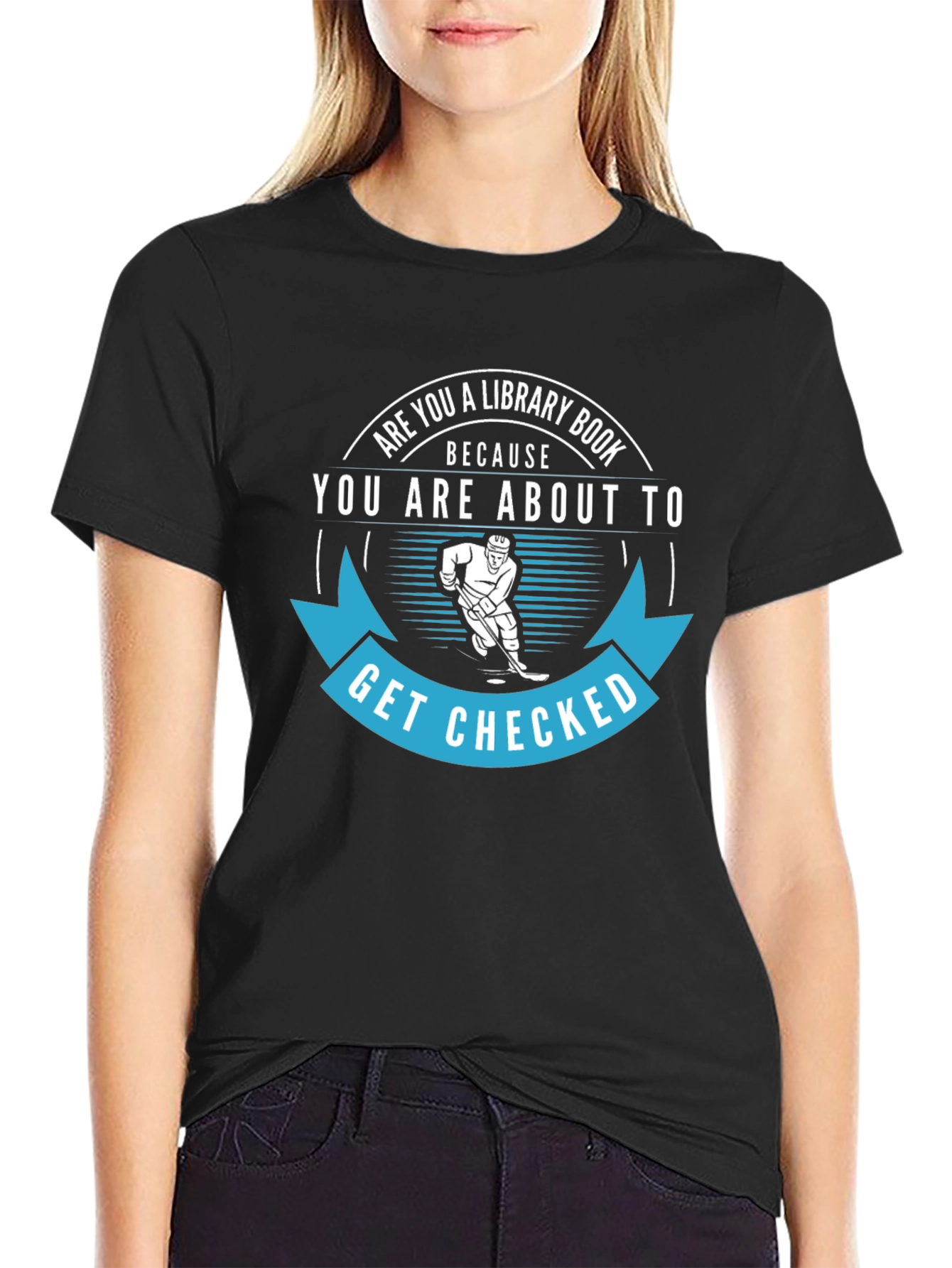 Black Funny Hockey T-Shirt: Library Book, Get Checked view 2