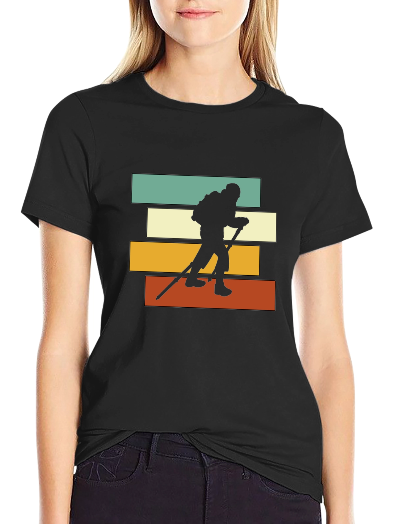 Black Hiking Silhouette Retro Striped T-Shirt view 2
