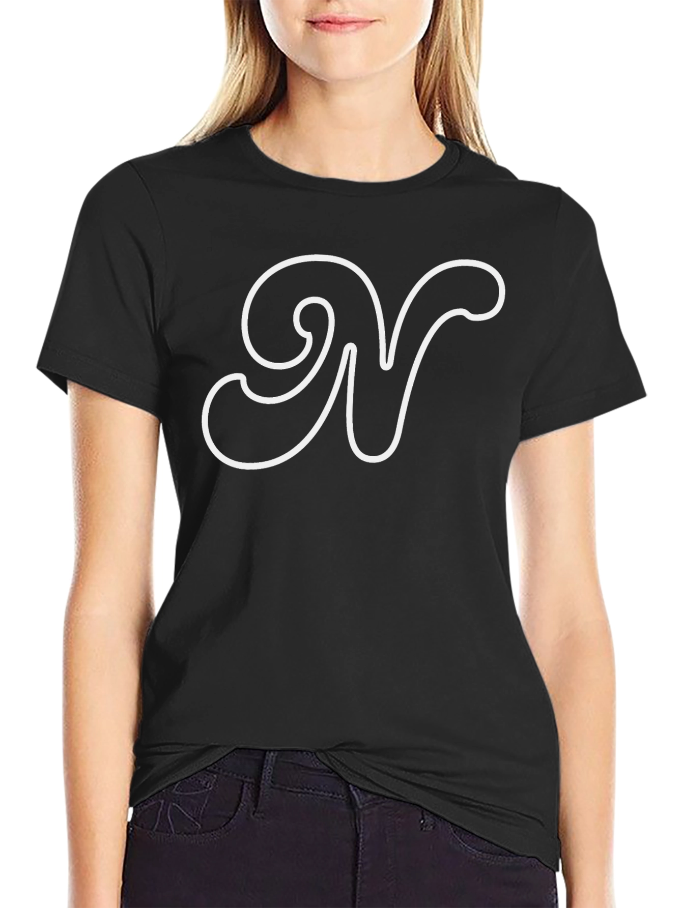 Black Stylish Black T-Shirt with White Letter 'N' Design view 2