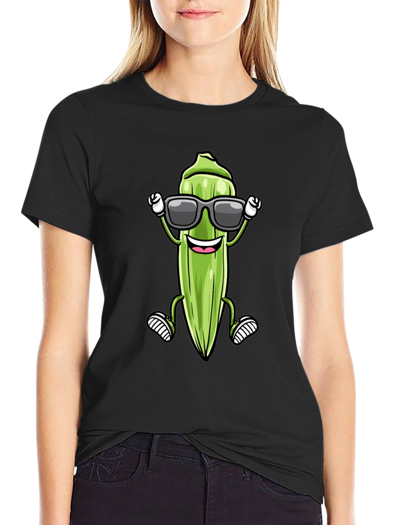 Black Cool Okra Cartoon T-Shirt view 2