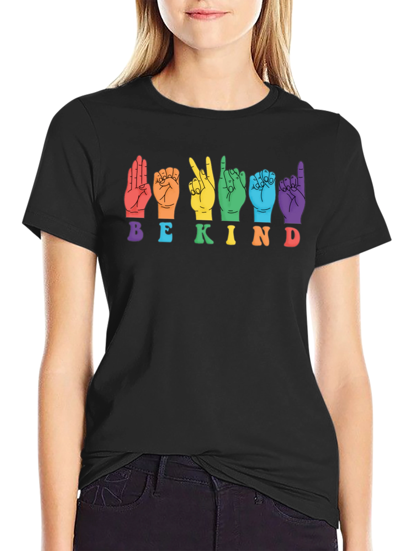 Black Be Kind Sign Language Graphic T-Shirt view 2