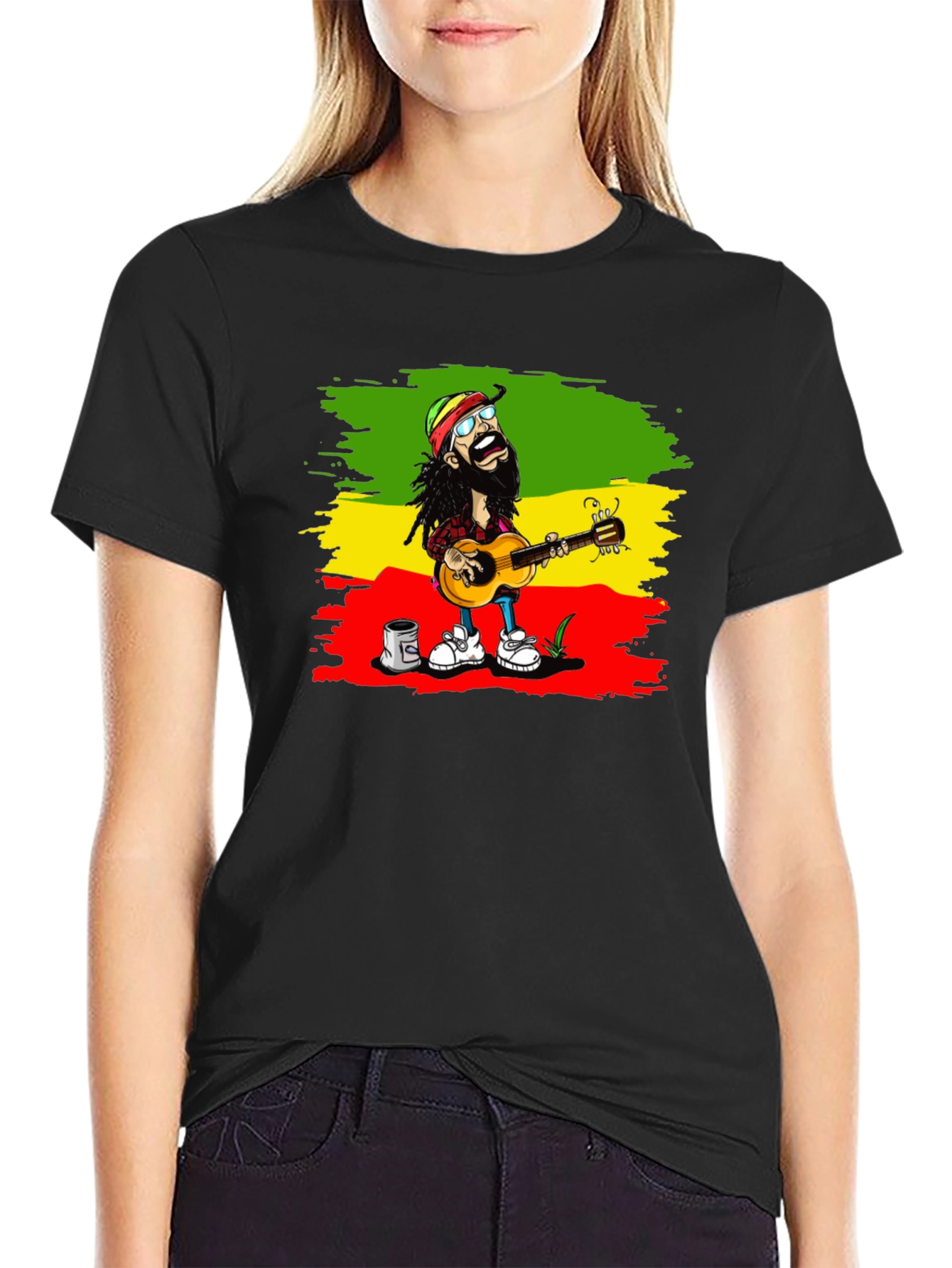 Black Rasta Cartoon Guitarist T-Shirt view 2