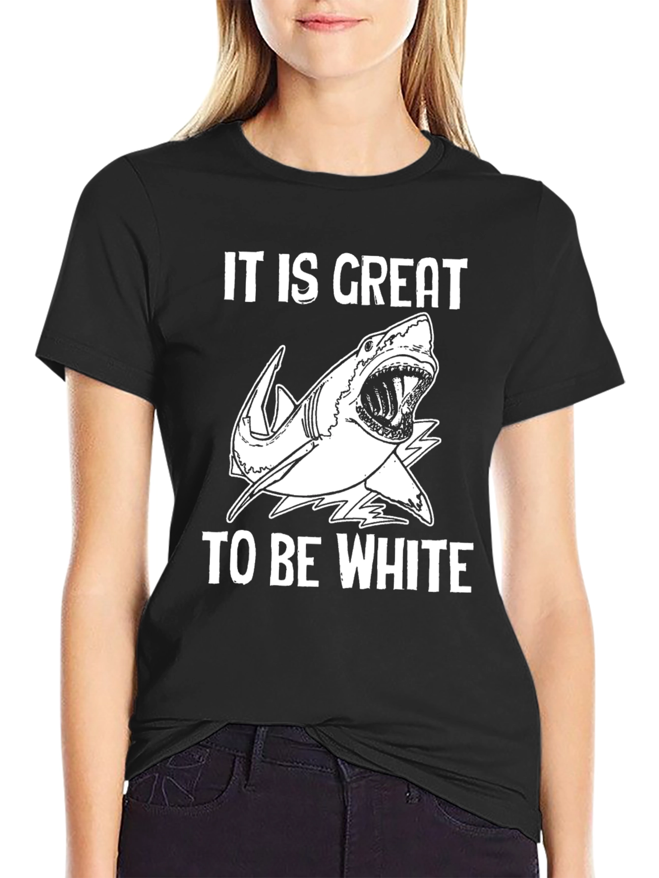 Black It Is Great to Be White Shark Graphic Tee view 2