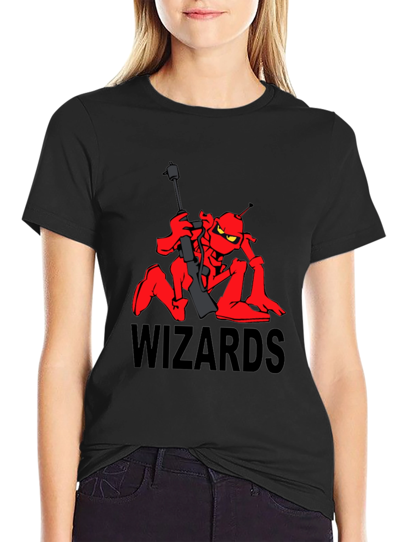 Black Wizards Cartoon T-Shirt - Red Alien Design view 2