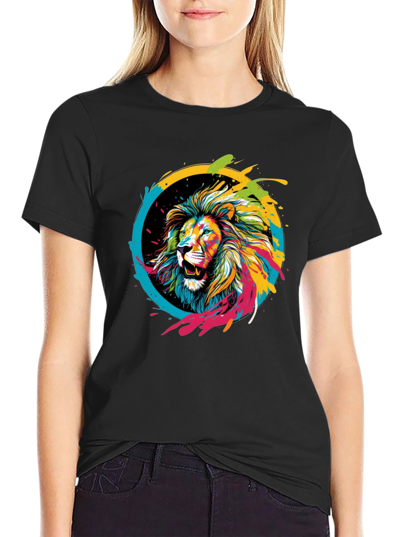 Black Lion Art T-Shirt - Colorful Graphic Tee view 2