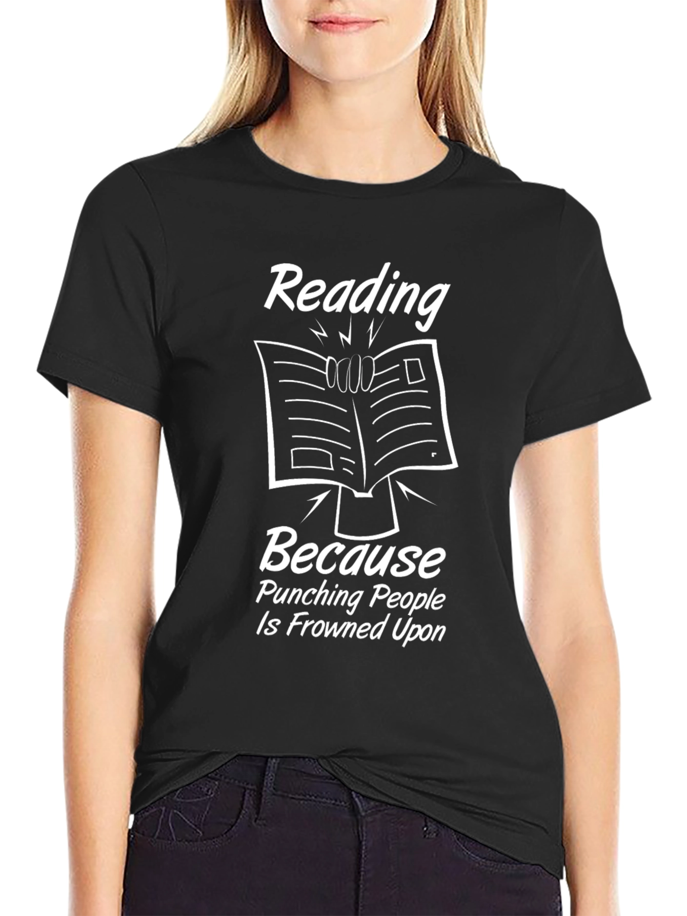 Black Reading Because Punching People is Frowned Upon T-Shirt view 2
