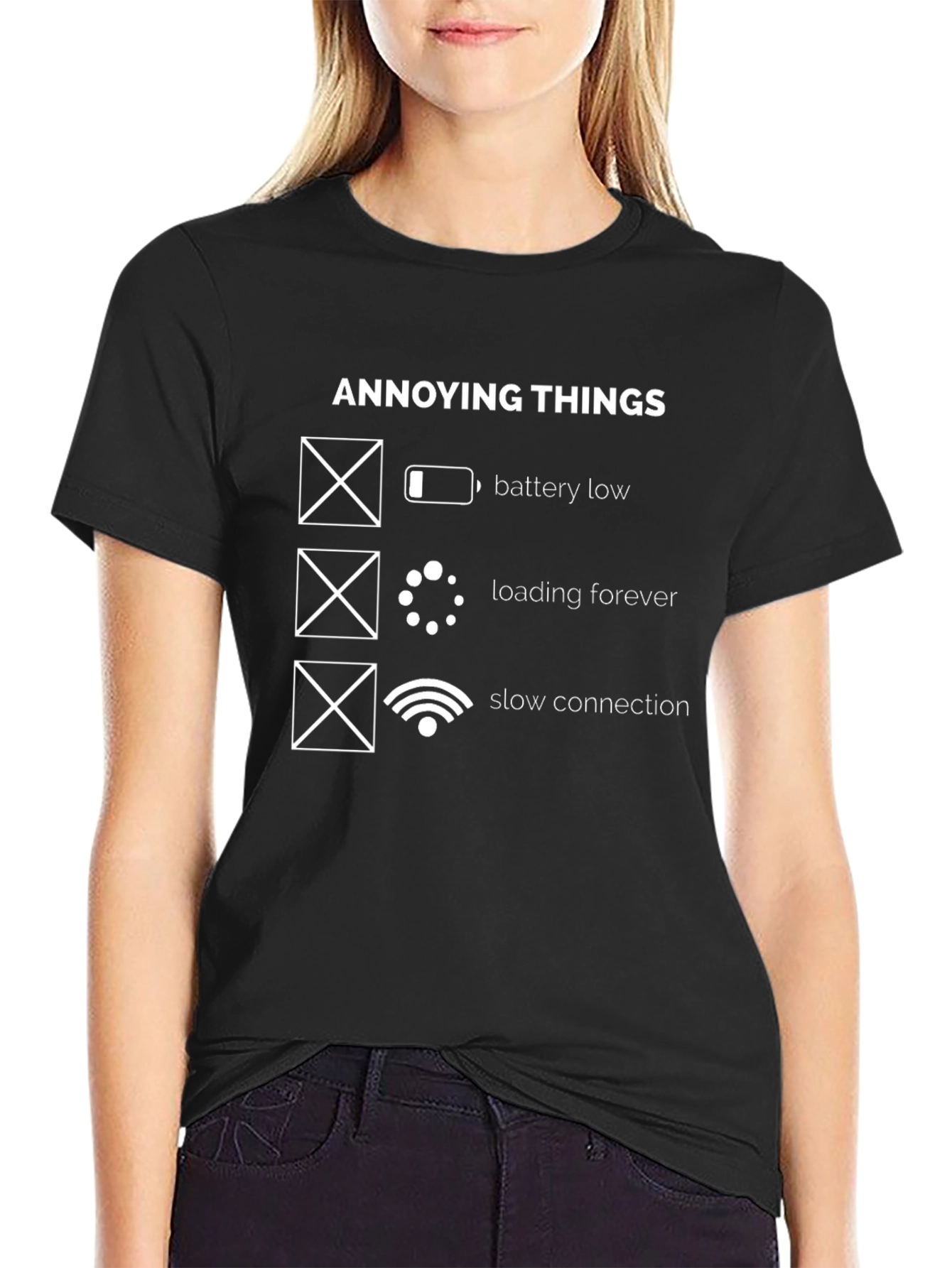 Black Annoying Things T-Shirt - Battery, Loading, Slow Connection view 2