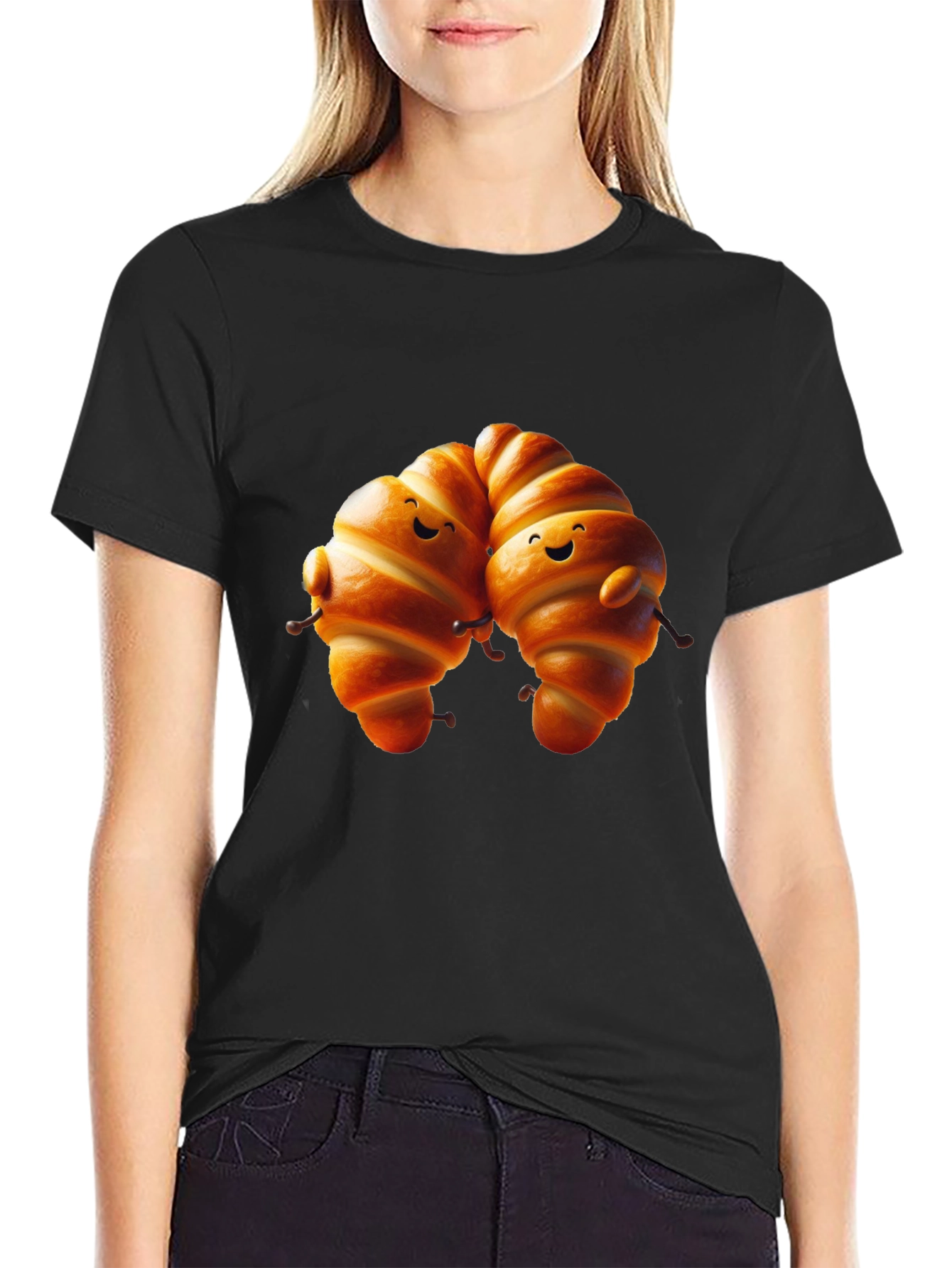 Black Cute Croissant Couple Graphic Tee view 2
